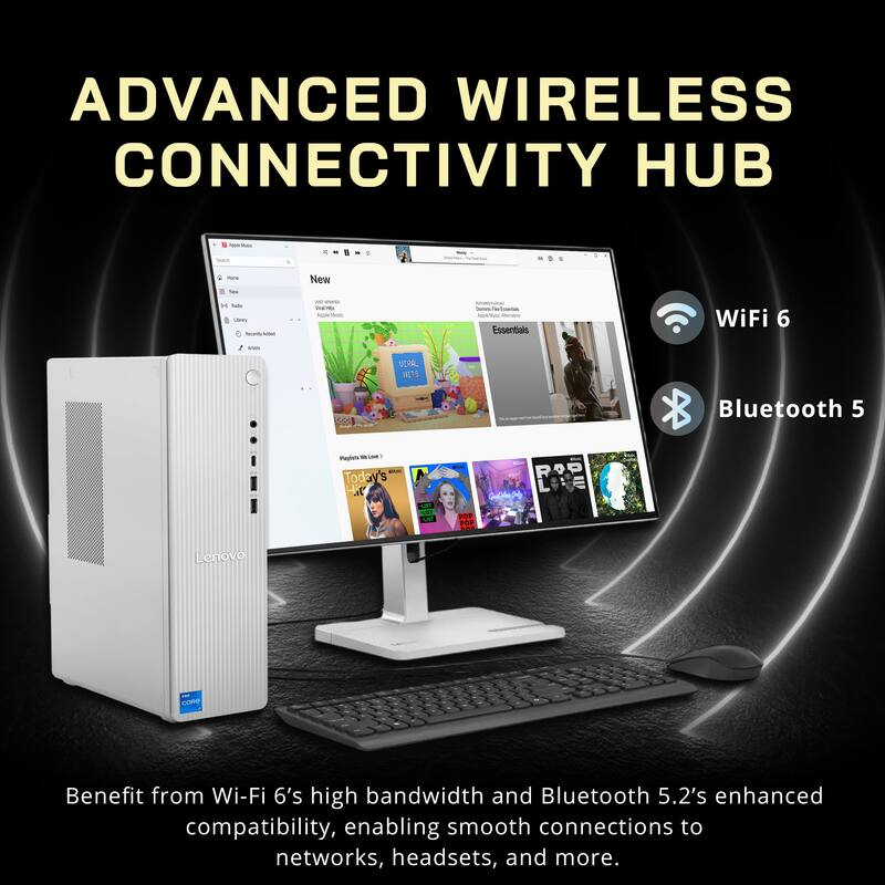 ADVANCED WIRELESS CONNECTIVITY HUB

New D6 I - - - - - - - Mu - I - - Essentials WiFi 6 - UERAL NLTS Bluetooth 5 Poes - L - 1 Today  LA . Z O POP PA 10W Lenovo coRe Benefit from Wi-Fi 6's high bandwidth and Bluetooth 5.2's enhanced compatibility, enabling smooth connections to networks, headsets, and more.

WiFi 6
Bluetooth 5

Benefit from Wi-Fi 6's high bandwidth and Bluetooth 5.2's enhanced compatibility, enabling smooth connections to networks, headsets, and more.