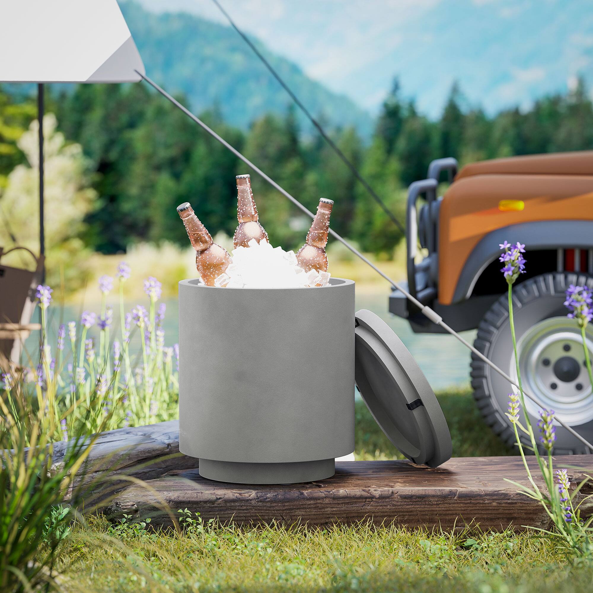 Alt View 7. Homcom - Gal Outdoor Side Table, 3-In-1 Concrete Cooler Bar Table with Storage - Gray.