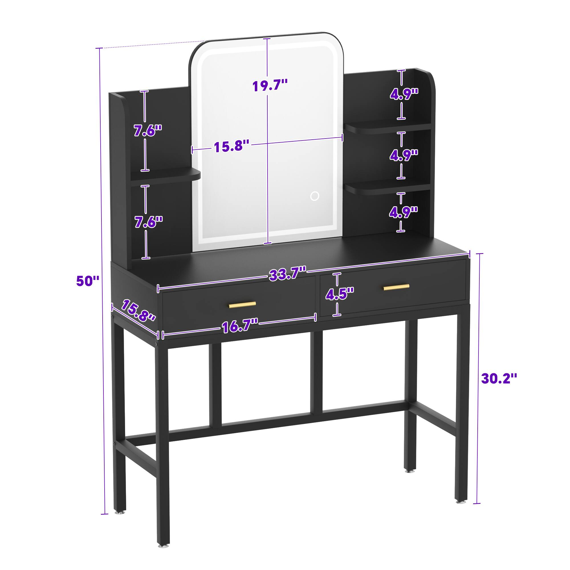 I 7.6" I T 7.6" 19.7" 15.8" T 4.9" 1 T 4.9" T T 4.9" 1 50" 15.8" 33.7" T 4.5" 1 16.7" 30.2"