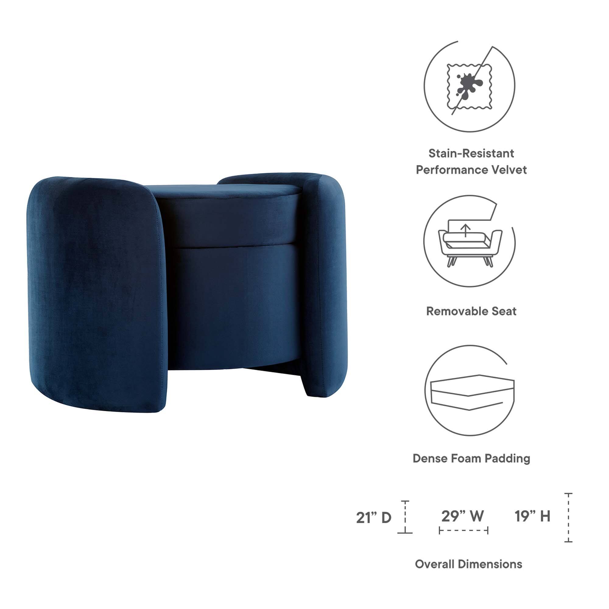 - Stain-Resistant Performance Velvet
- Removable Seat
- Dense Foam Padding
- Overall Dimensions: 21" D x 29" W x 19" H