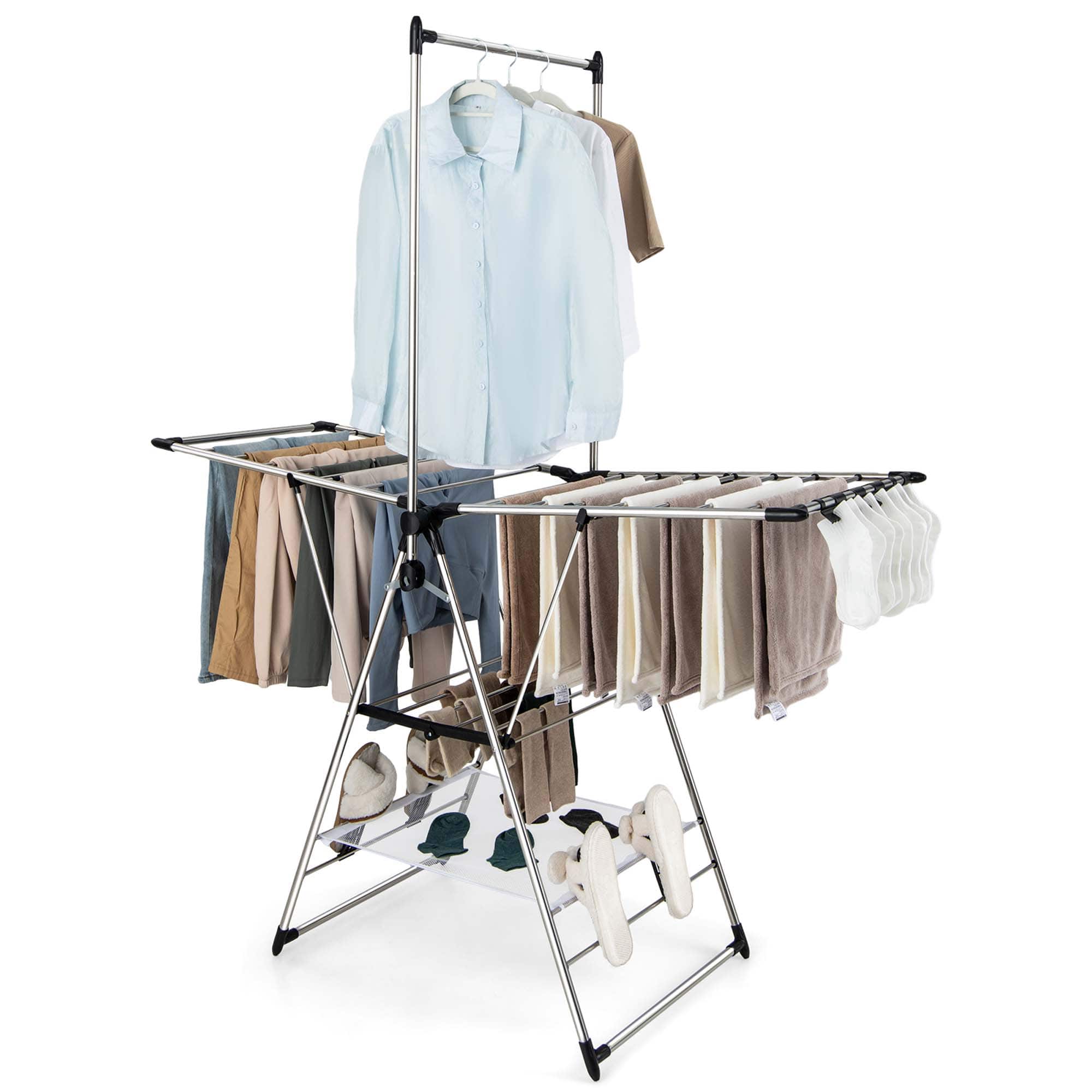 Front. Costway - Costway 2-Layer Stainless Steel Foldable Drying Rack w/ Hanging Bar & 2 Height-adjustable Wings - Silver.