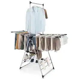 Costway - 2-Layer Stainless Steel Foldable Drying Rack w/ Hanging Bar & 2 Height-adjustable Wings - Silver