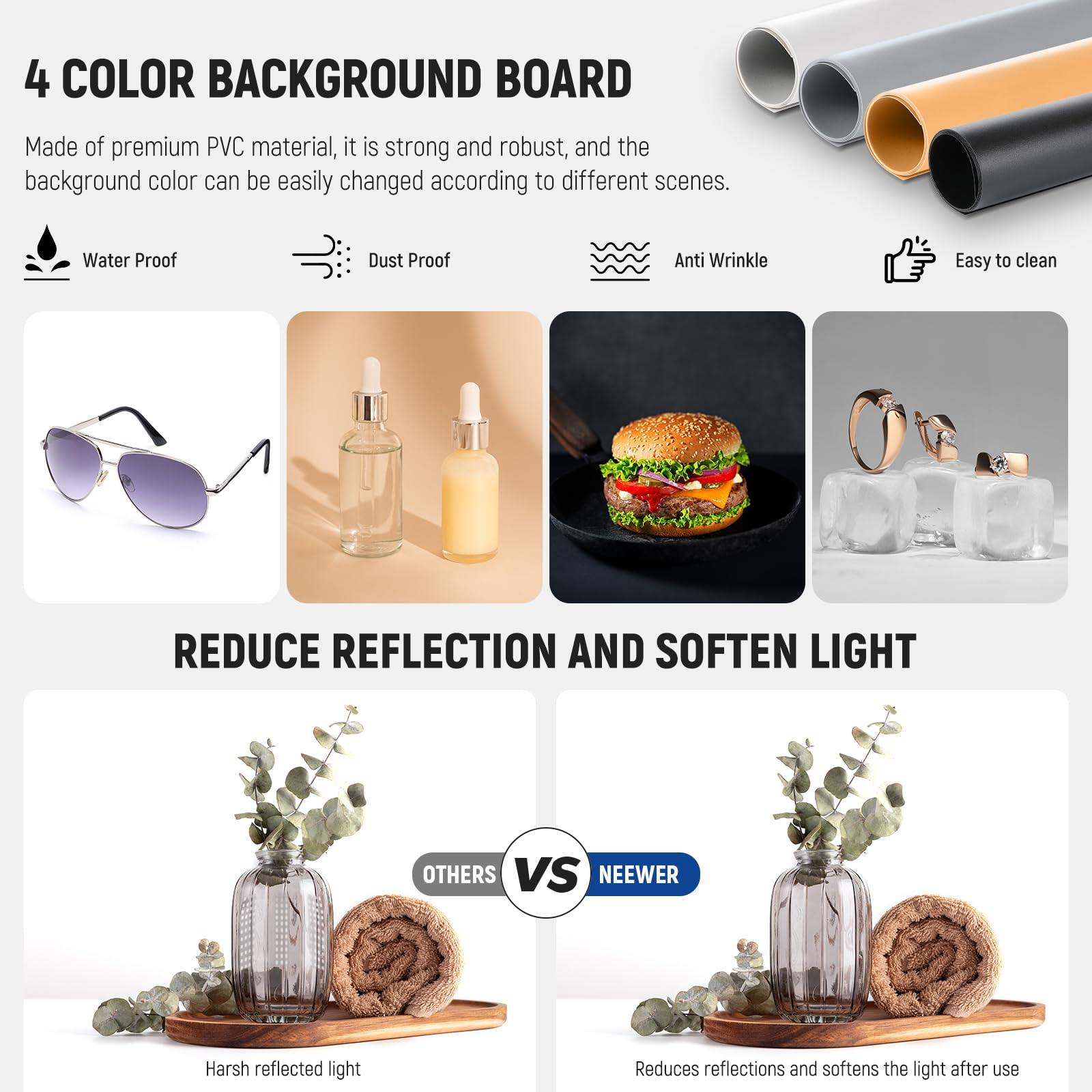 4 COLOR BACKGROUND BOARD

Made of premium PVC material, it is strong and robust, and the background color can be easily changed according to different scenes.

- Water Proof
- Dust Proof
- Anti Wrinkle
- Easy to clean

REDUCE REFLECTION AND SOFTEN LIGHT

OTHERS VS NEEWER

Harsh reflected light

Reduces reflections and softens the light after use