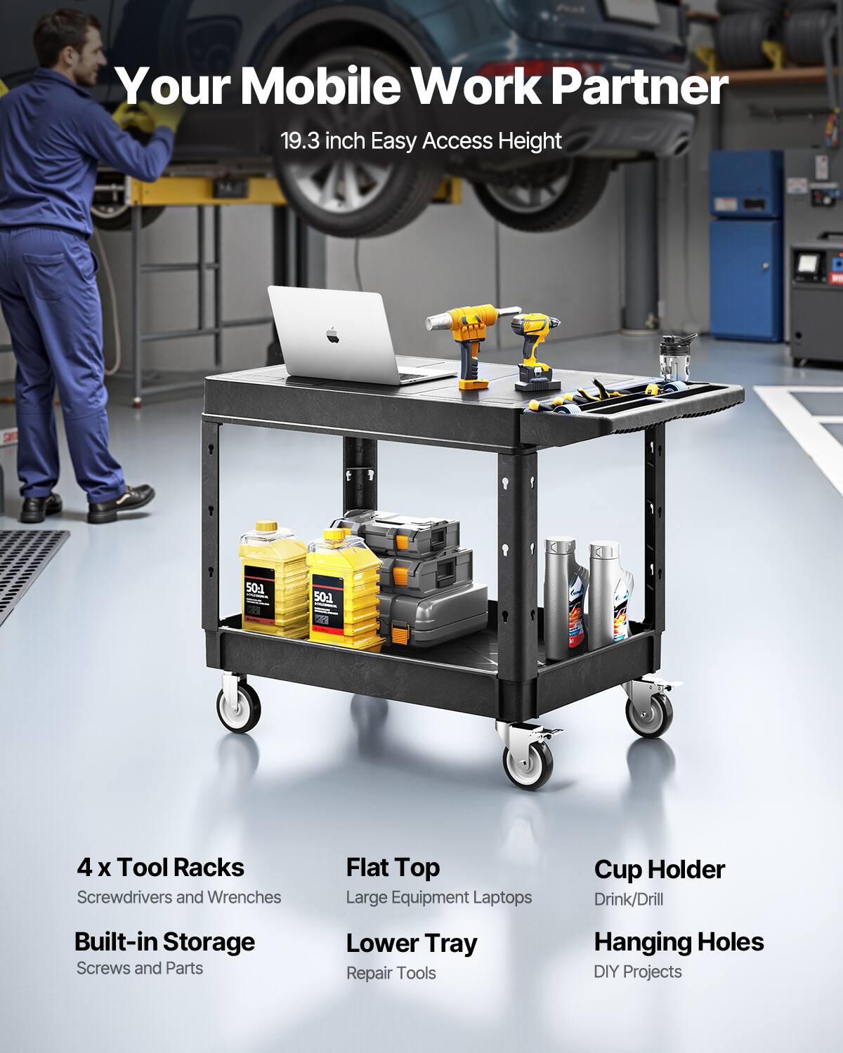 Your Mobile Work Partner 19.3 inch Easy Access Height

4 x Tool Racks - Screwdrivers and Wrenches
Flat Top - Large Equipment Laptops
Cup Holder - Drink/Drill
Built-in Storage - Screws and Parts
Lower Tray - Repair Tools
Hanging Holes - DIY Projects