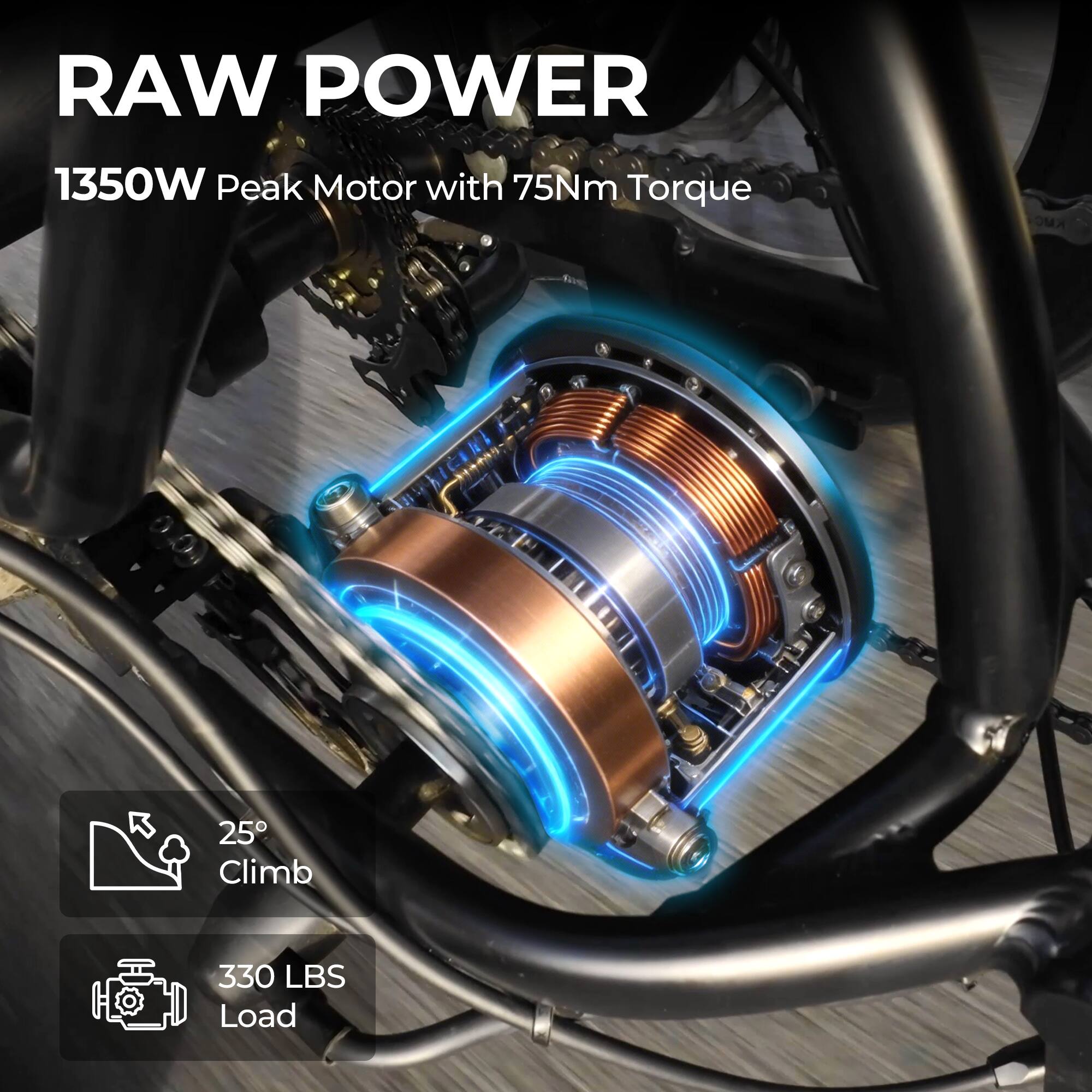 RAW POWER  
1350W Peak Motor with 75Nm Torque  

25° Climb  
330 LBS Load