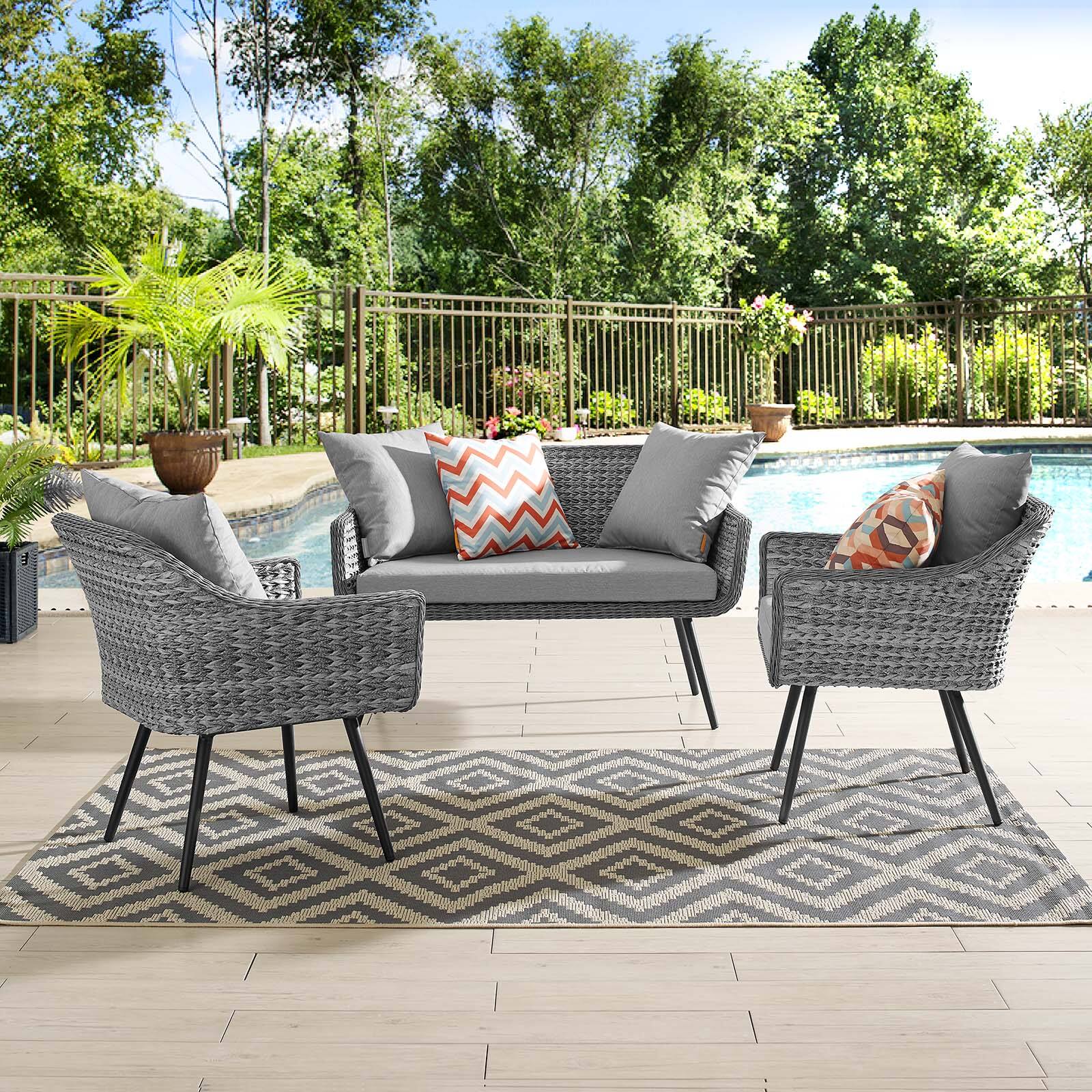 Front. Modway - Endeavor 3 Piece Outdoor Patio Wicker Rattan Loveseat and Armchair Set by Modway - Gray Gray.