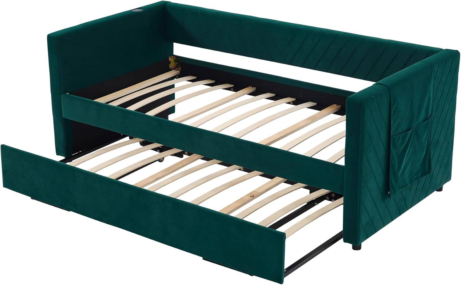 Alt View 4. Trinkets Crazed - Twin Daybed with Pop Up Trundle, Velvet Upholstered Extendable Daybed with USB Ports & Pockets - green.