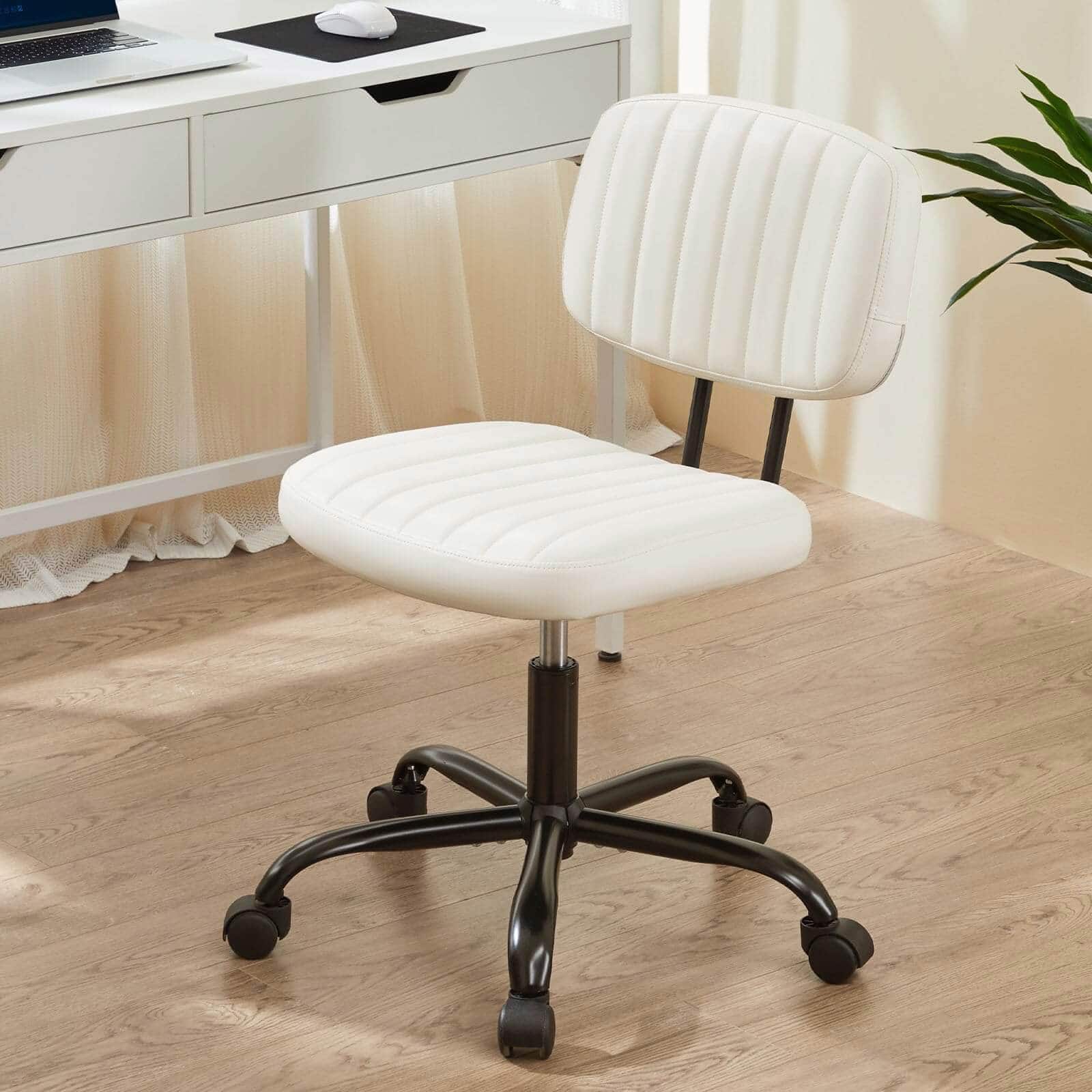Spaco - Ergonomic PU Leather Low Back Office Chair, Small Space Adjustable Height 360 Swivel Rolling Task Chair No Arms - White