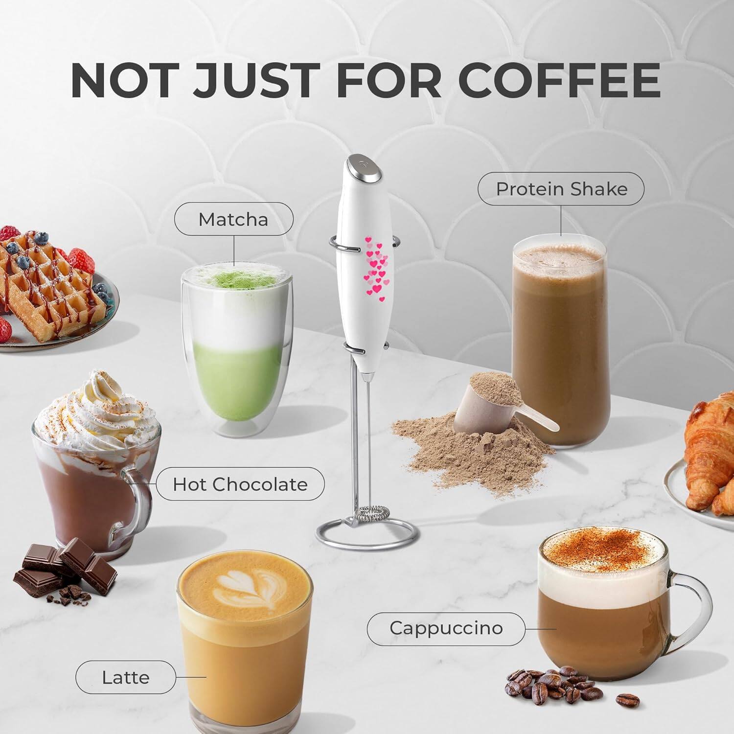 NOT JUST FOR COFFEE

- Matcha
- Protein Shake
- Hot Chocolate
- Latte
- Cappuccino