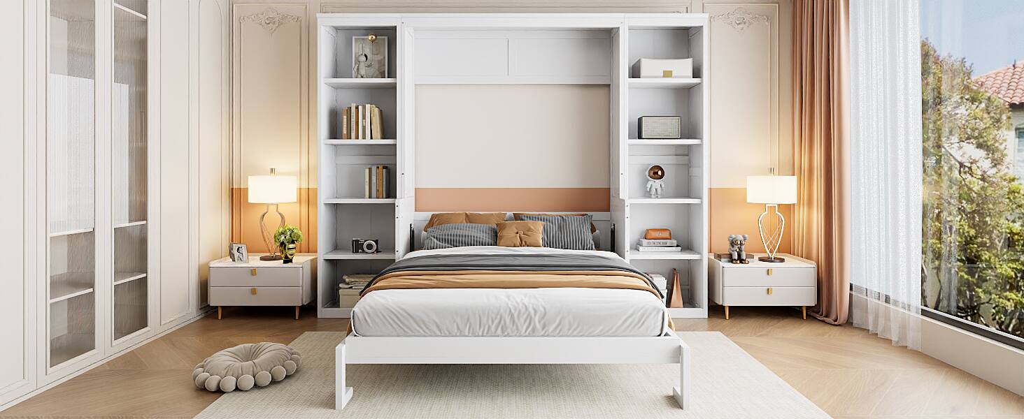 Alt View 5. Tiramisubest - White Solid Wood + MDF Full Size Murphy Bed with Desk and Bookshelf, 110x80x82 inches, 300 lbs - White.
