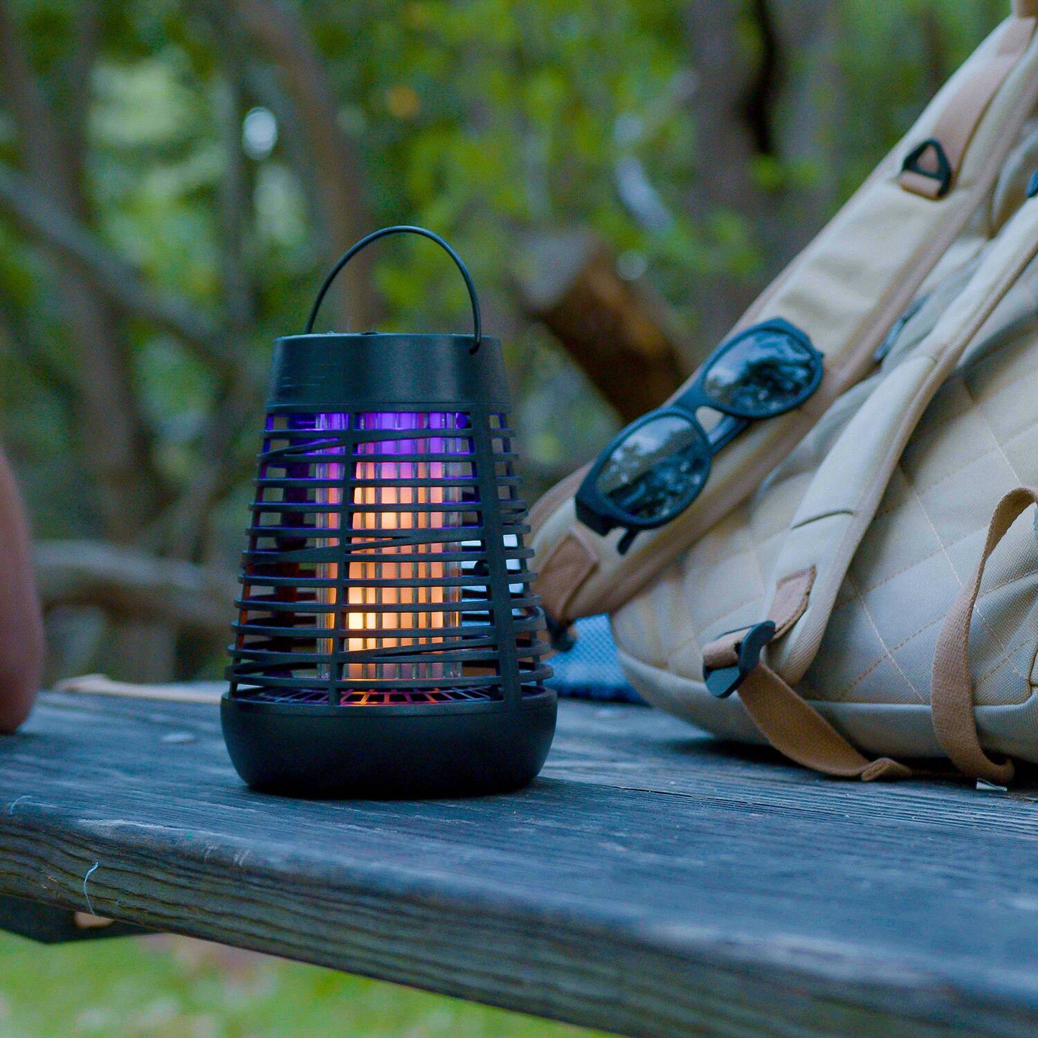Left. PIC - Flickering Flame Solar Portable Bug Zapper Torch Lantern - Black.