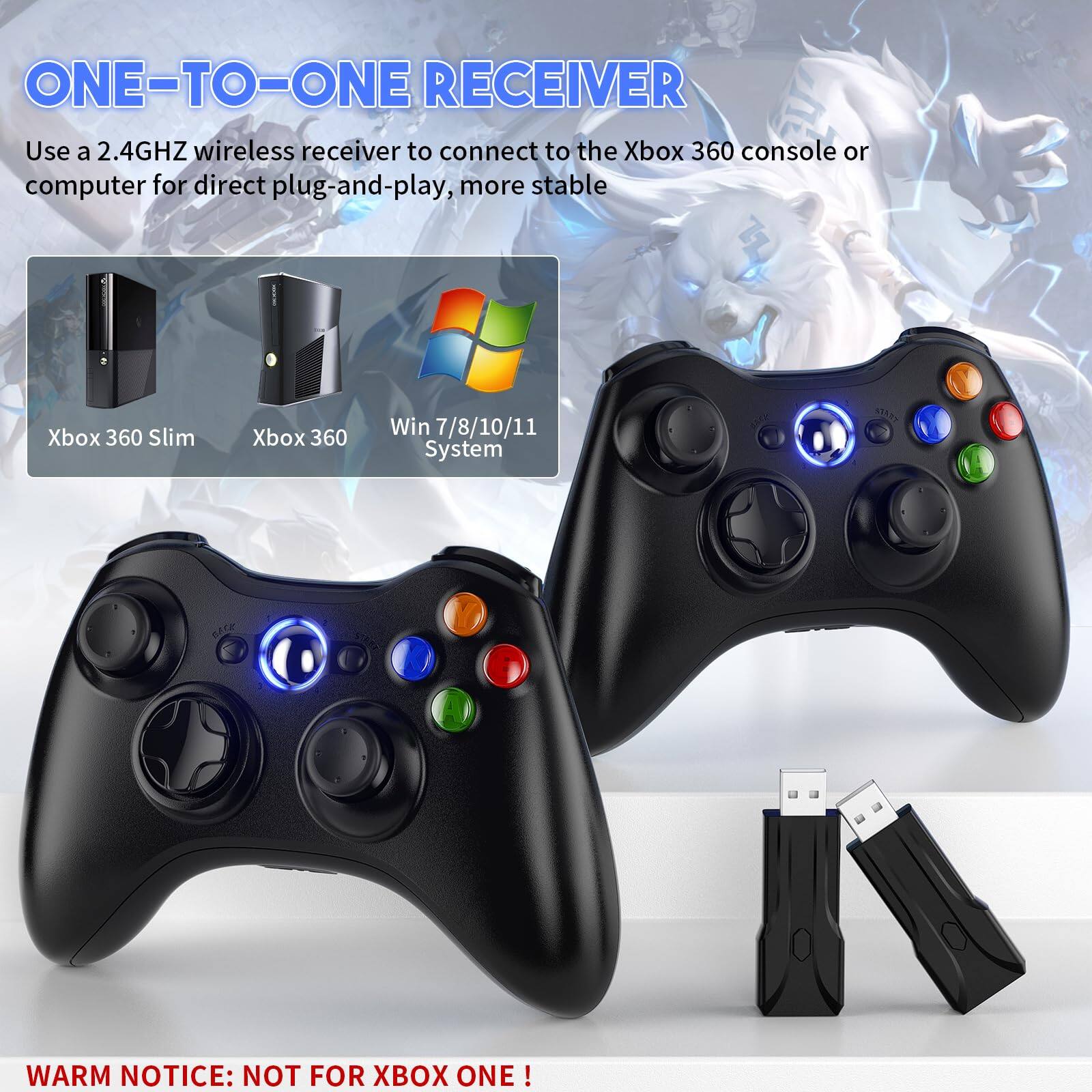 ONE-TO-ONE RECEIVER

Use a 2.4GHz wireless receiver to connect to the Xbox 360 console or computer for direct plug-and-play, more stable

Xbox 360 Slim  
Xbox 360  
Win 7/8/10/11 System

WARM NOTICE: NOT FOR XBOX ONE!