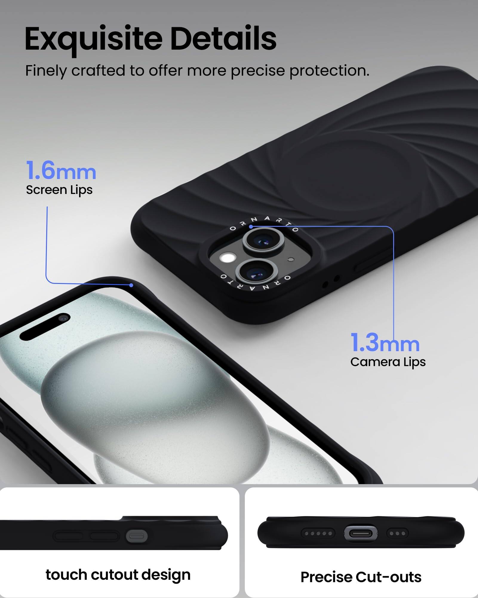Exquisite Details Finely crafted to offer more precise protection. 1.6mm Screen Lips 1.3mm Camera Lips touch cutout design Precise Cut-outs