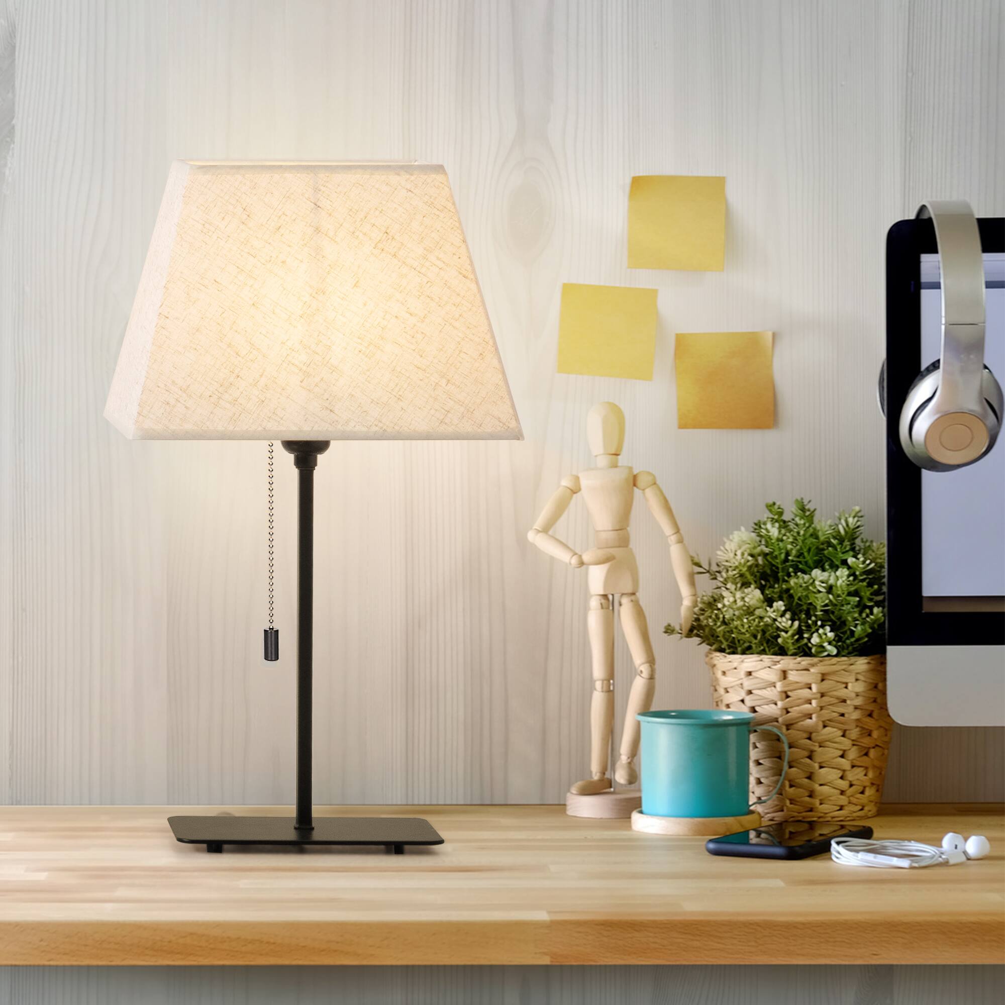 Alt View 2. Oumilen - 2-Piece Table Lamp Set with Rectangular Metal Base, Black Straight Rod and Beige Linen Shade.