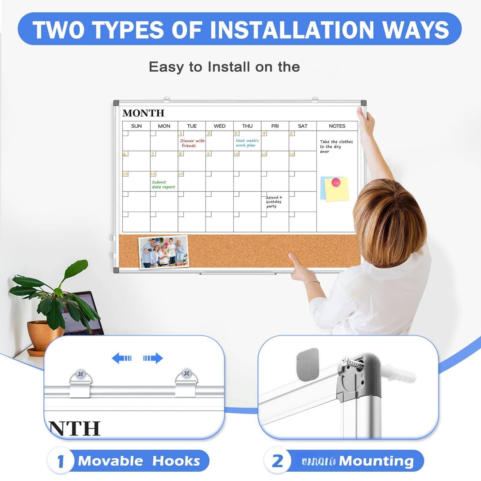 TWO TYPES OF INSTALLATION WAYS

Easy to Install on the

MONTH

SUN MON TUE WED THU FRI SAT NOTES

1 Dinner with Friends
2
3
4
5
6
7
8
9
10
11
12
13
14
15
16
17
18
19
20
21
22
23
24
25
26
27
28
29
30
31

- Submit data report
- Take the clothes to the dry cleaner
- Attend a party

1 Movable Hooks
2 Wall Mounting