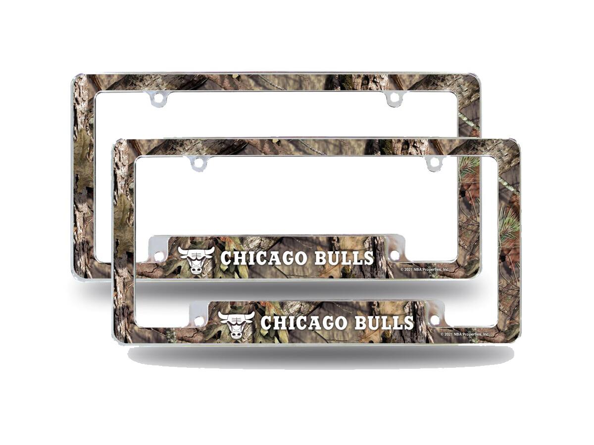 Chicago Bulls Chrome Metal (Set of 2) License Plate Frames with Bold Mossy Oak Camouflaged Camo Design