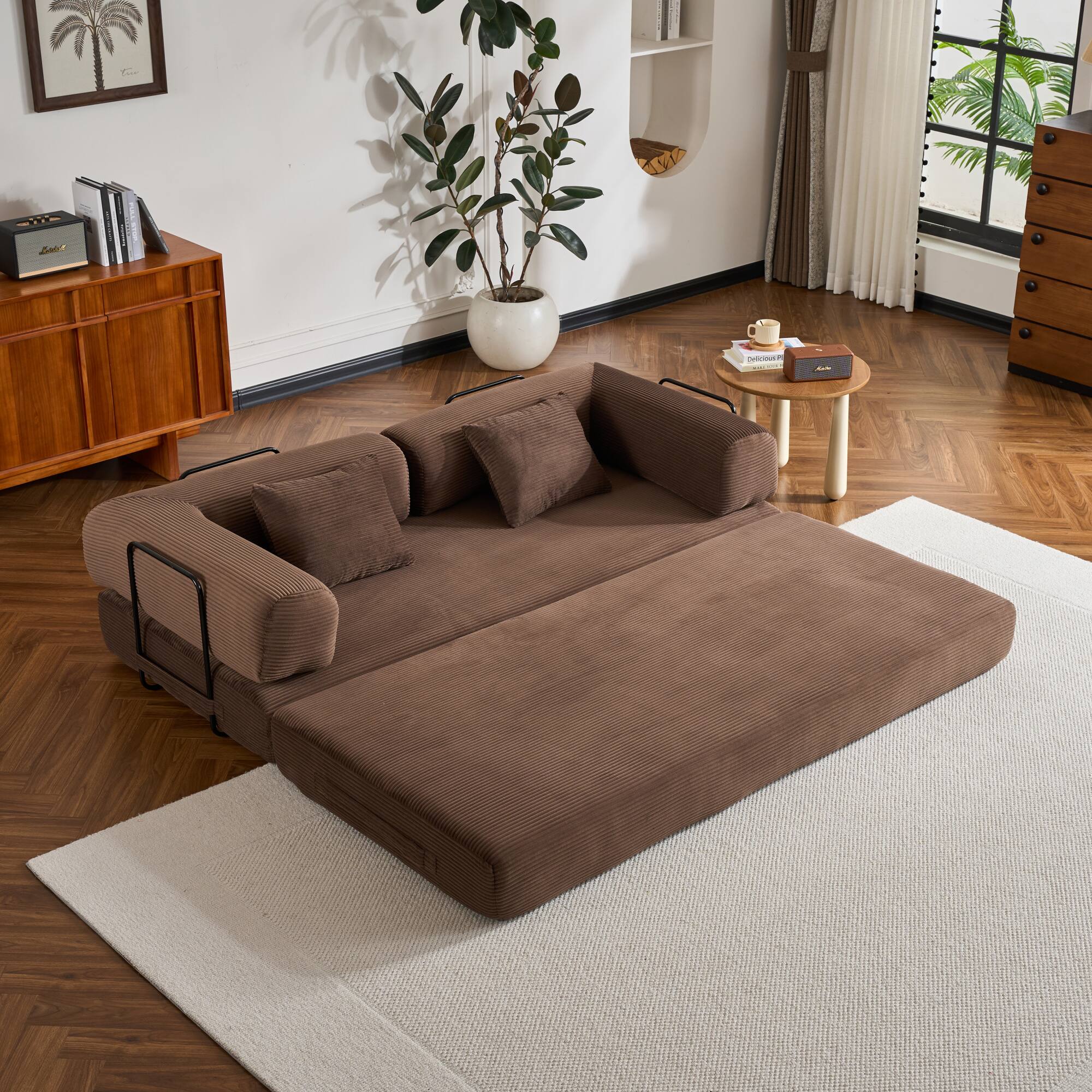 Back. GOODSILO - Convertible Sleeper Sofa in Cylindroy Fabric | Features a Cylindrical Pillow & Space-Saving Foldable Design - Brown.