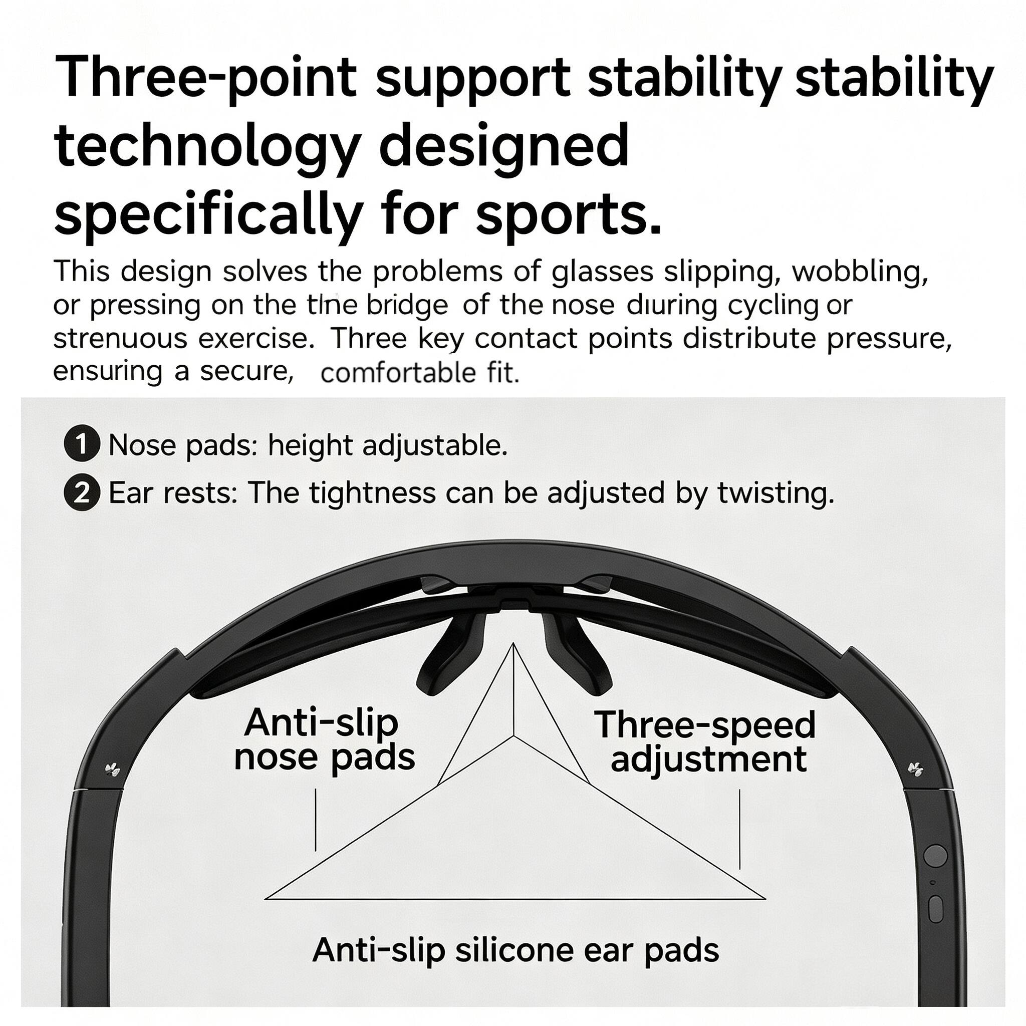 Three-point support stability technology designed specifically for sports. This design solves the problems of glasses slipping, wobbling, or pressing on the thin bridge of the nose during cycling or strenuous exercise. Three key contact points distribute pressure, ensuring a secure, comfortable fit. 1 Nose pads: height adjustable. 2 Ear rests: The tightness can be adjusted by twisting. Anti-slip nose pads Three-speed adjustment Anti-slip silicone ear pads