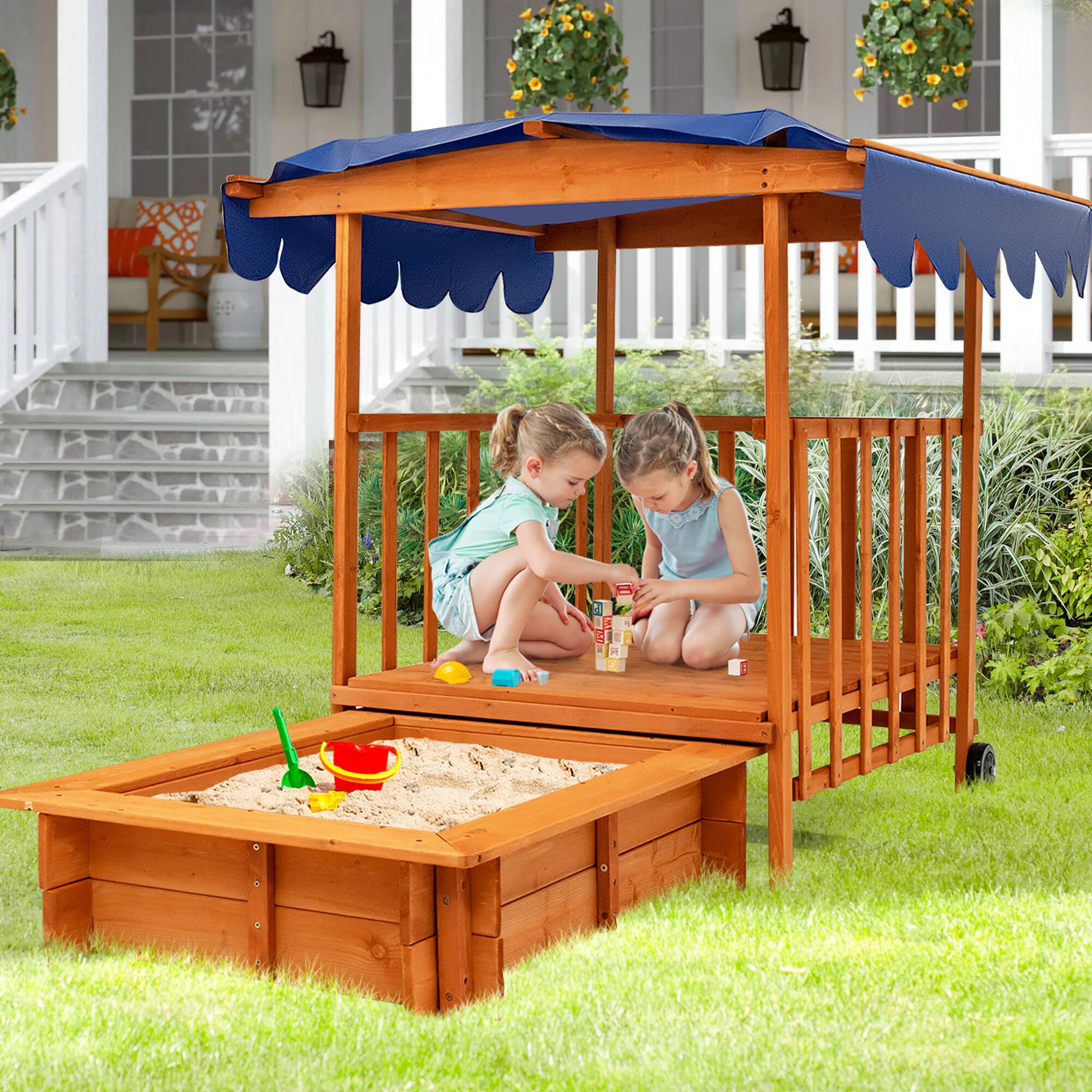 Alt View 1. Costway - Costway Wooden Retractable Sandbox  with Cover & Built-in Wheels Kids Outdoor Playhouse - Multicolor.