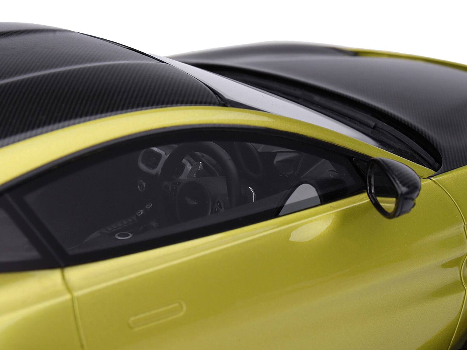 Angle. Top Speed - 2022 Aston Martin V12 Vantage RHD (Right Hand Drive) Cosmopolitan Yellow with Black Hood and Top 1/18 Model Car - Yellow with Black.