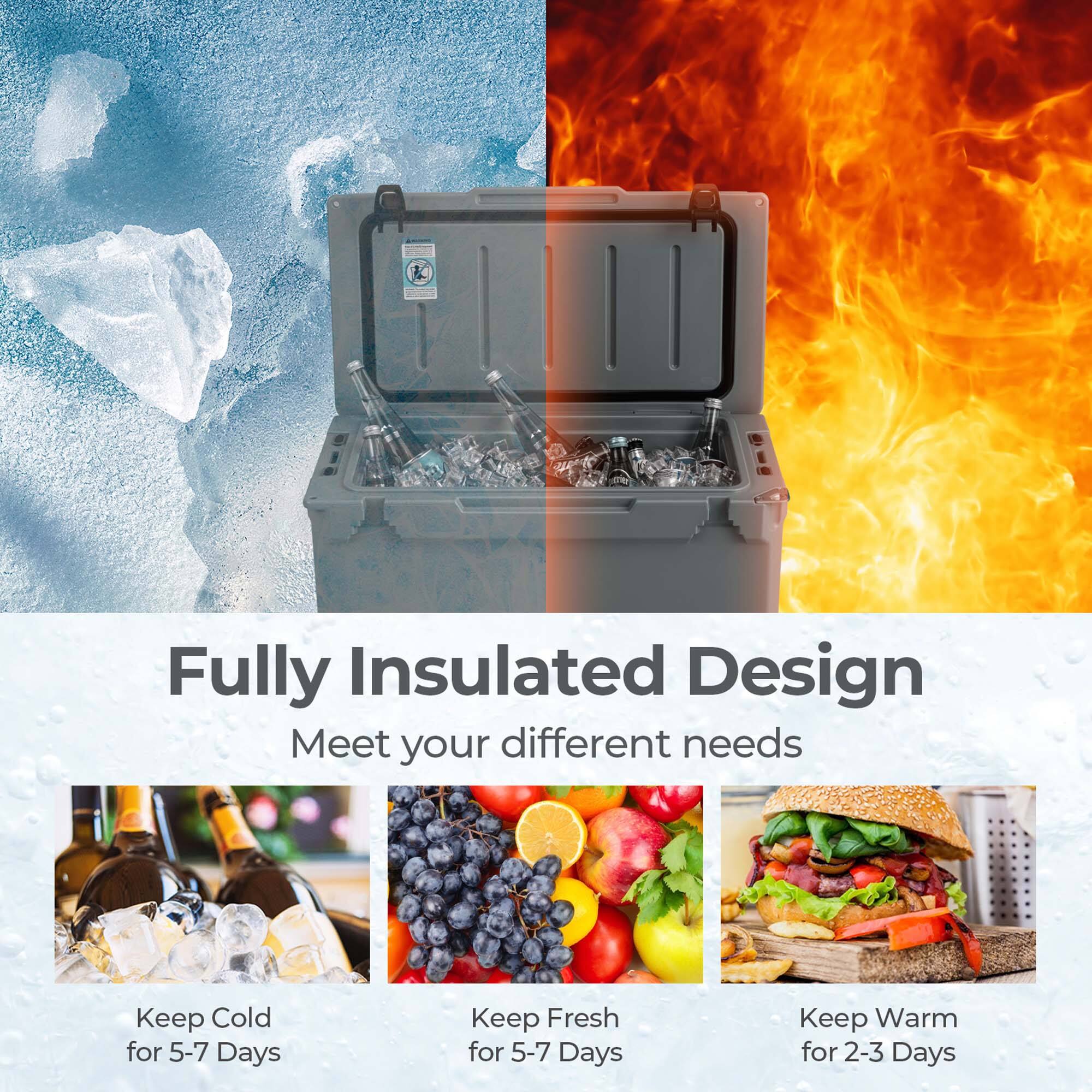 Fully Insulated Design  
Meet your different needs  

- Keep Cold for 5-7 Days  
- Keep Fresh for 5-7 Days  
- Keep Warm for 2-3 Days