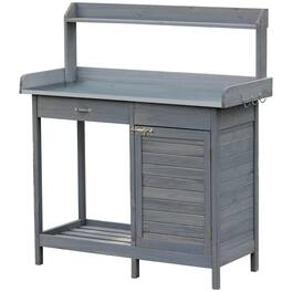 Outsunny - Outdoor Potting Bench Table, Garden Work Station with Storage Cabinet, Open Shelf and Steel Tabletop - Gray