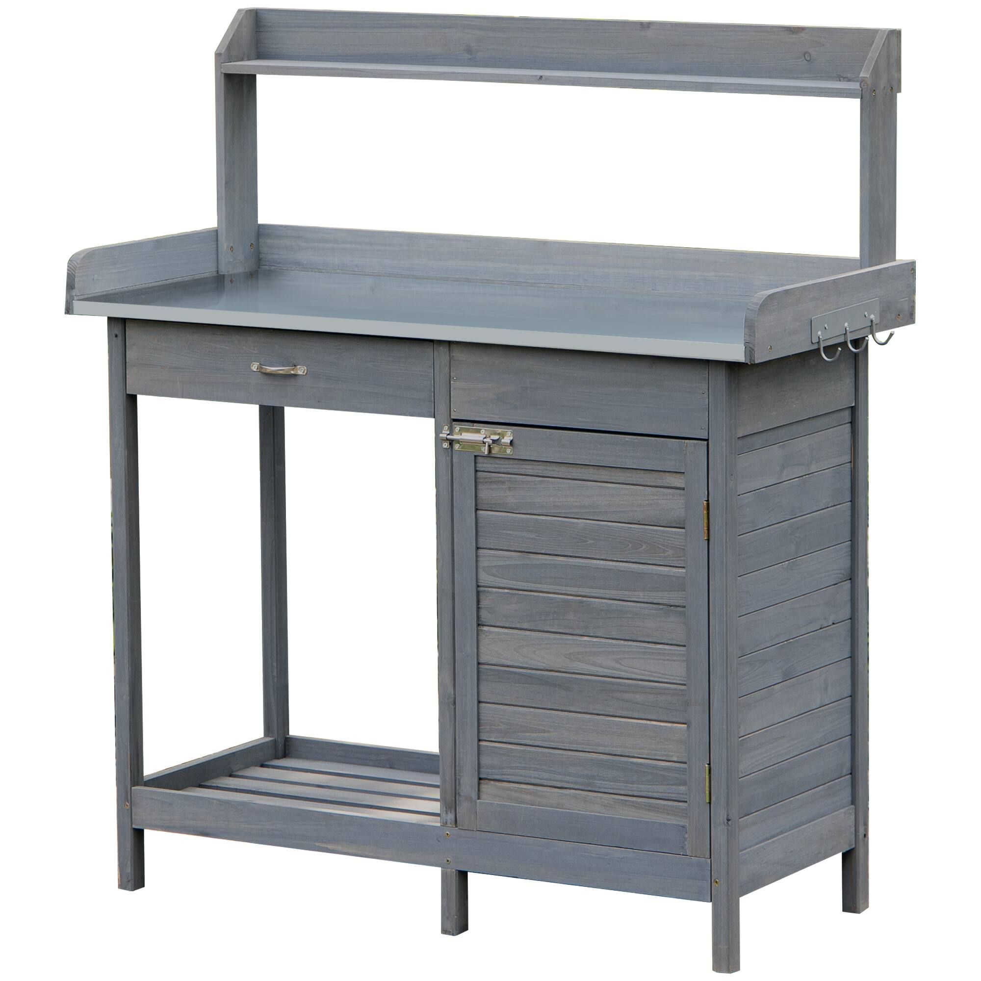 Front. Outsunny - Outdoor Potting Bench Table, Garden Work Station with Storage Cabinet, Open Shelf and Steel Tabletop - Grey.
