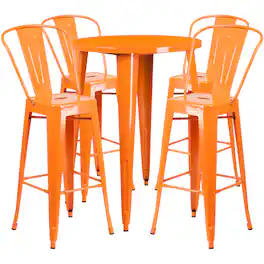 Emma + Oliver - Commercial Grade 30" Round Metal Indoor-Outdoor Bar Table Set with 4 Cafe Stools - Orange