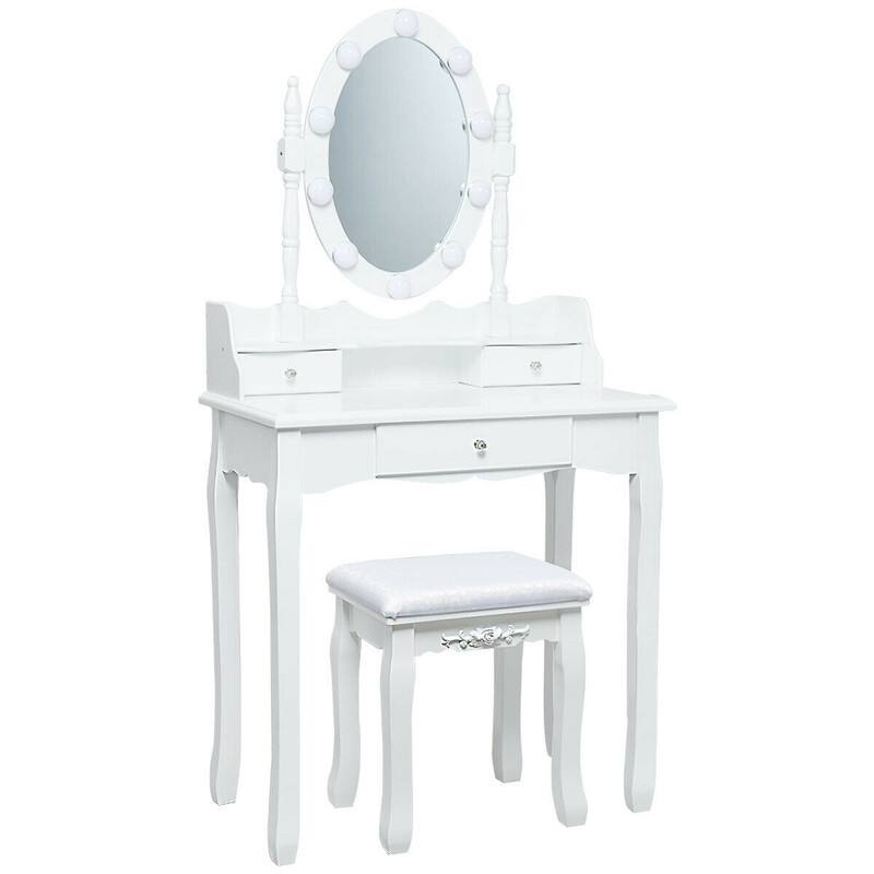 Alt View 2. WELLFOR - Makeup Vanity Table Set with LED Mirror &, 3 Storage Drawers, Vanity Desk with Soft‑Sponge Cushioned Stool for Bedroom - White.