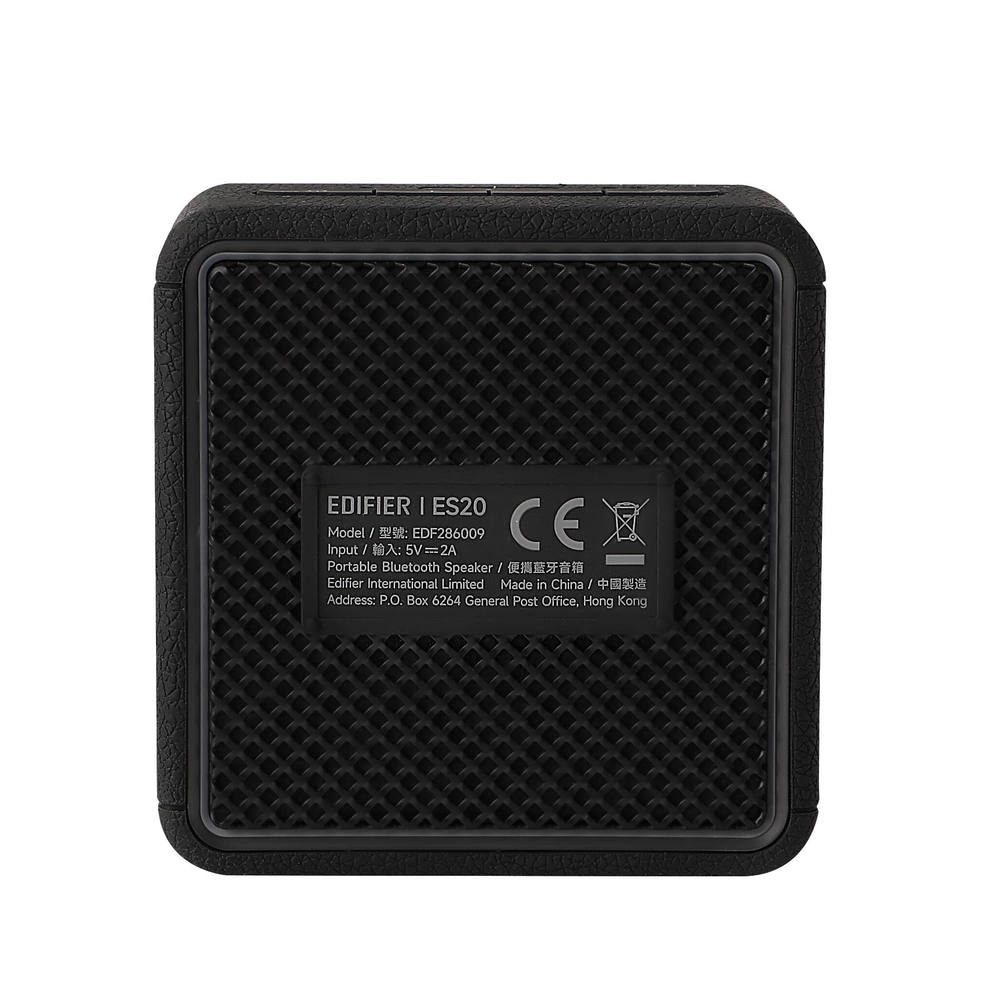 EDIFIER I ES20
Input / Model : 5V=2A EDF286009
CE
Portable Bluetooth Speaker
Edifier International Limited
Made in China
Address: P.O. Box 6264 General Post Office, Hong Kong