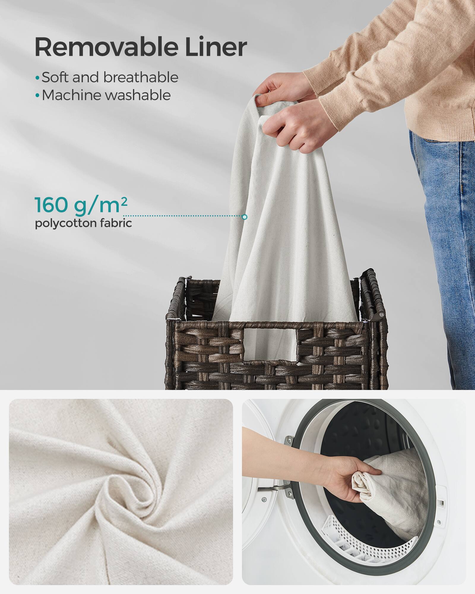 Removable Liner  
- Soft and breathable  
- Machine washable  

160 g/m² polycotton fabric