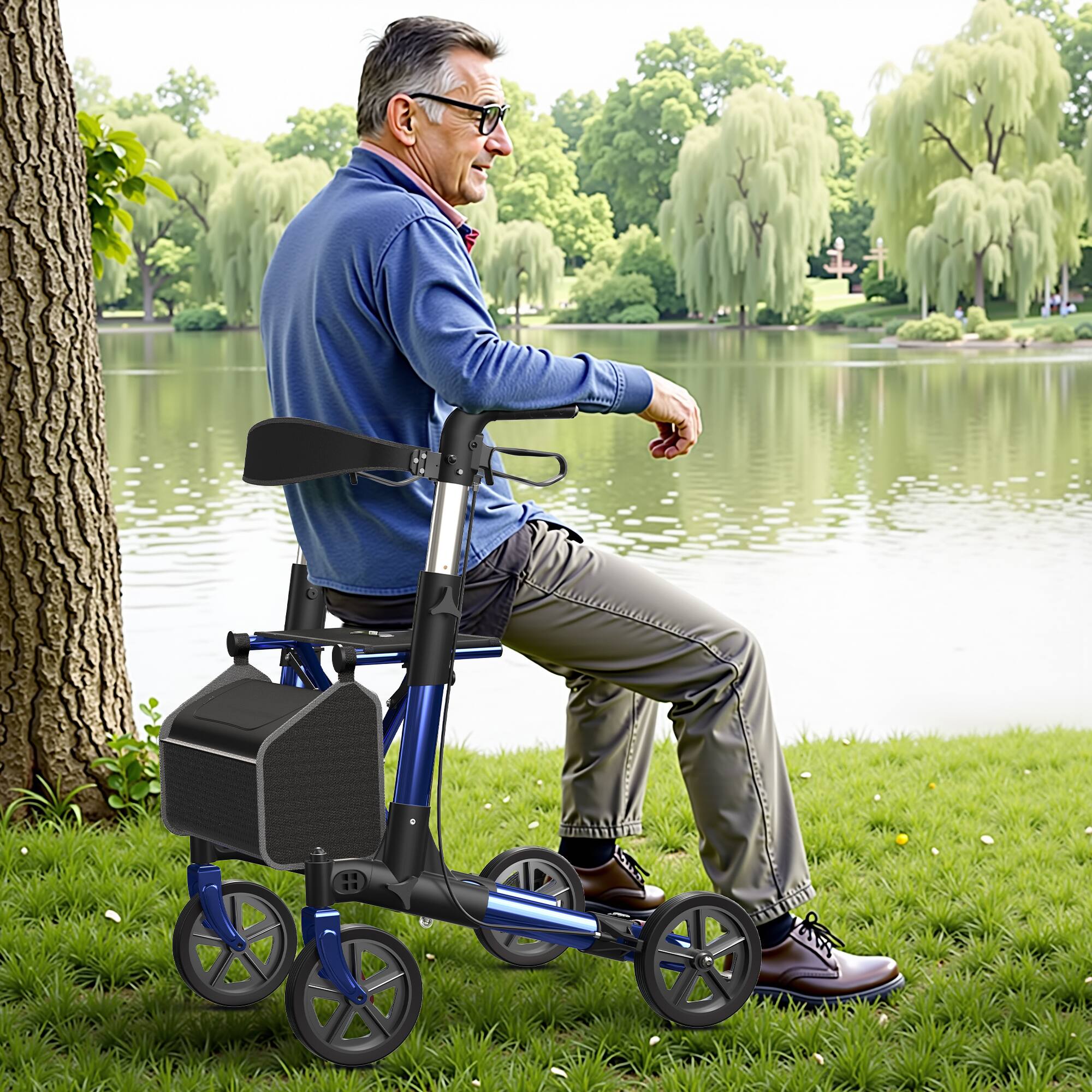 Alt View 4. KERDOM - 18 lbs Portable Rollator Walker with Storage Bag, Braking Lock, Adjustable Handle for Senior Outdoor Use All Terrain - Blue.