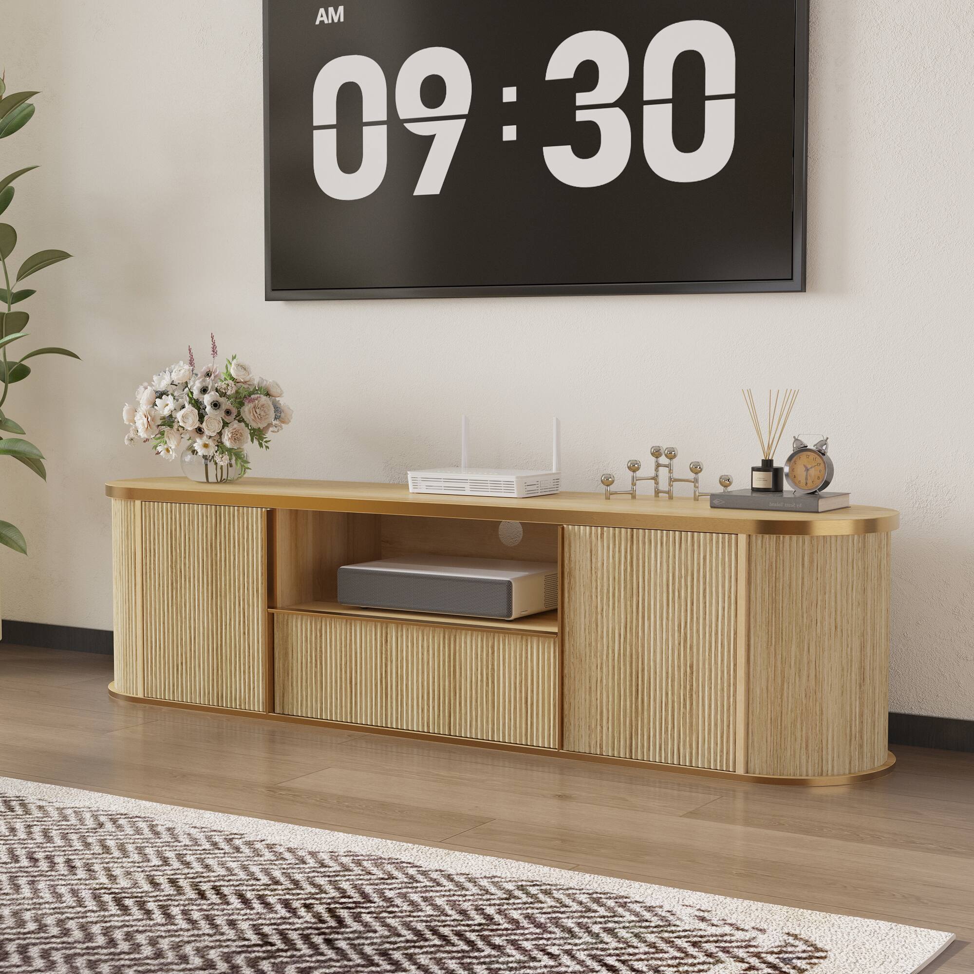 Left. Famapy - Minimalist TV Stand with Cable Management, Handle-Free Upto 70" TV Media Console with Storage Cabinets and Open Shelves - Wooden.