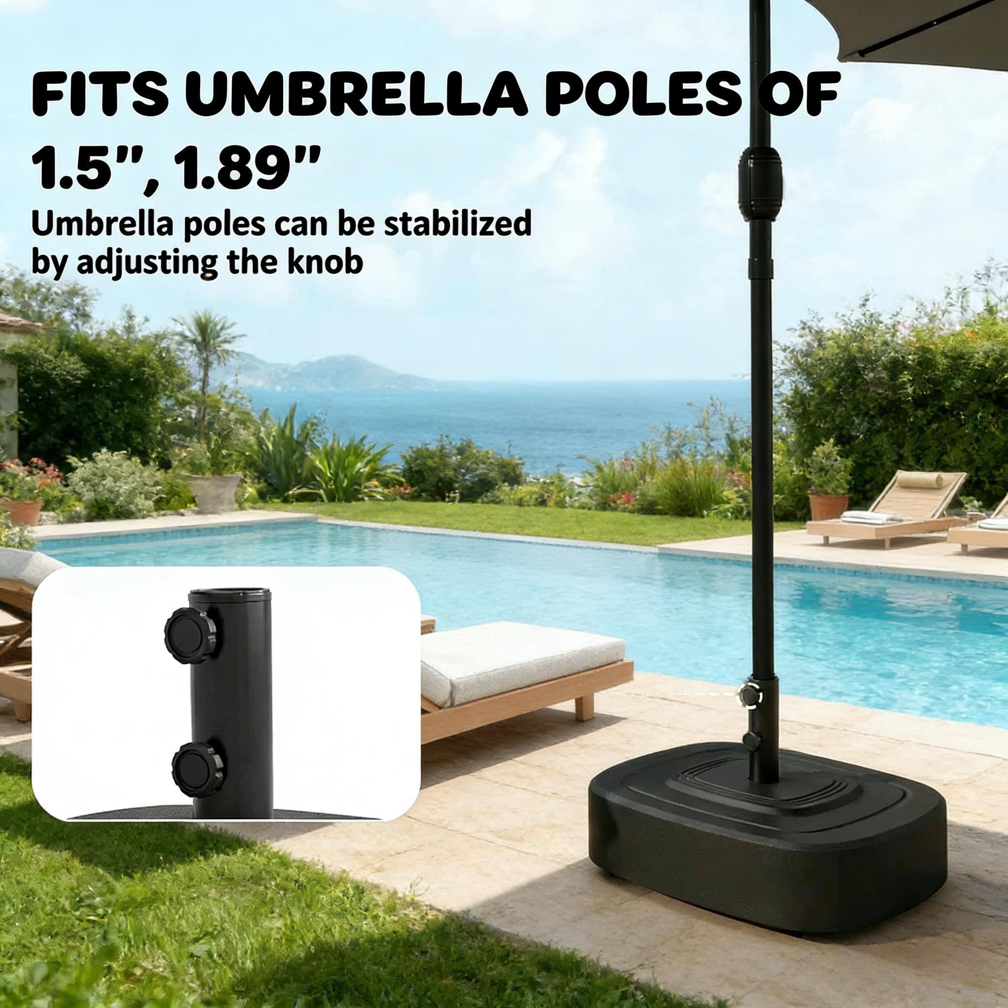FITS UMBRELLA POLES OF 1.5", 1.89"

Umbrella poles can be stabilized by adjusting the knob