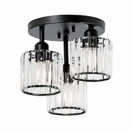 RYHNUYNE - 3-Light Semi Flush Mount Ceiling Fixture with Clear Crystal Accents, Modern Close-to-Ceiling Black Metal Design