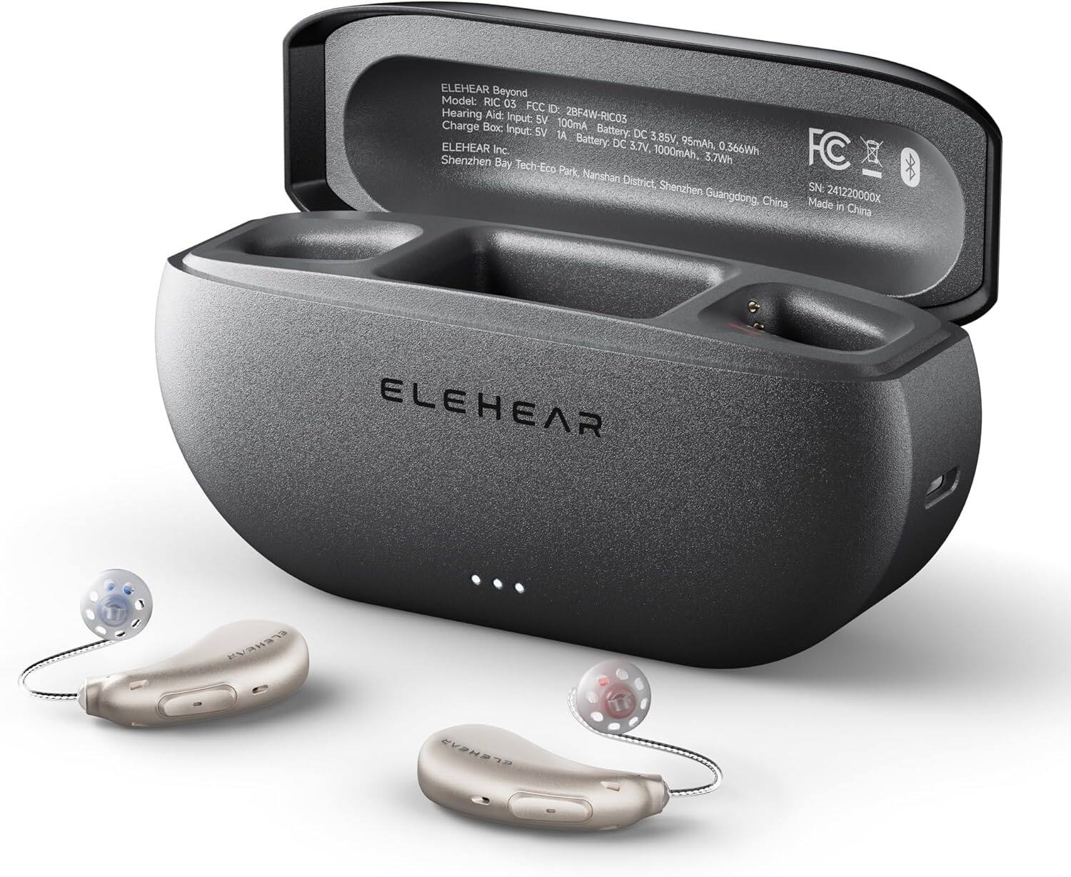ELEHEAR Beyond Model: RIC 03 FCC ID: 28FAW-RIC03 Hearing Aid: Input 5V 1A Charge Box Input: 100mA Battery: DC 3.85V, 95mAh ELEHEAR Inc. 3.7V, 1000mAh, 0.366Wh FC Shenzhen Bay Tech Eco Park, Nanshan District, Shenzhen Guangdong, China Made in China SN: 241220000X ELEHEAR CEV V