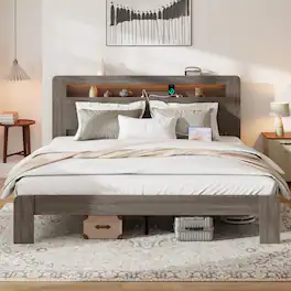 LUCKY ONE - King Size Bed Frame with Storage LED Light Headboard and 2 USB - Dawn Grey