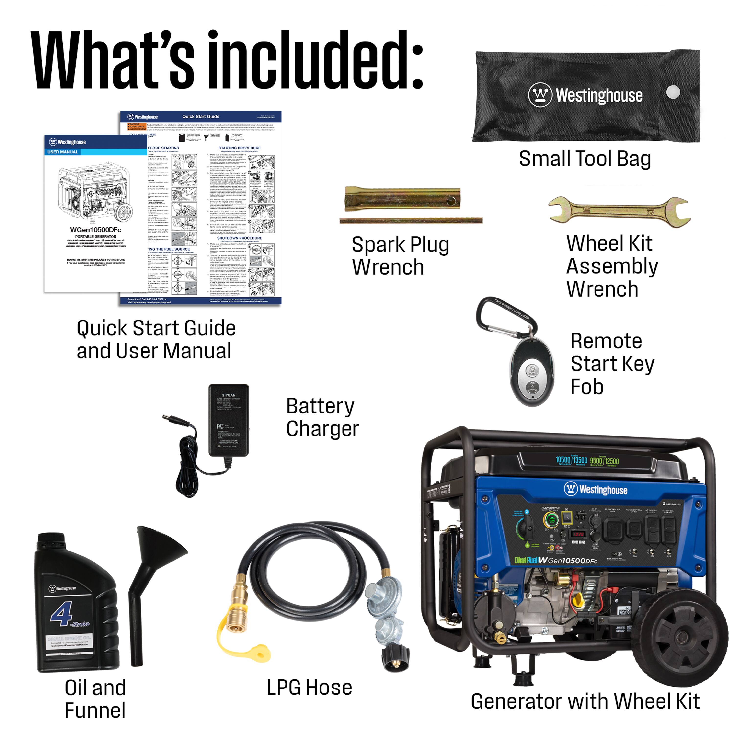 What's included:

- a Man
- Westinghouse WGen 105000
- Small Tool Bag
- Spark Plug Wrench
- Wheel Kit Assembly Wrench
- Quick Start Guide and User Manual
- Battery Charger
- Remote Start Key Fob
- Oil and Funnel
- LPG Hose
- Generator with Wheel Kit