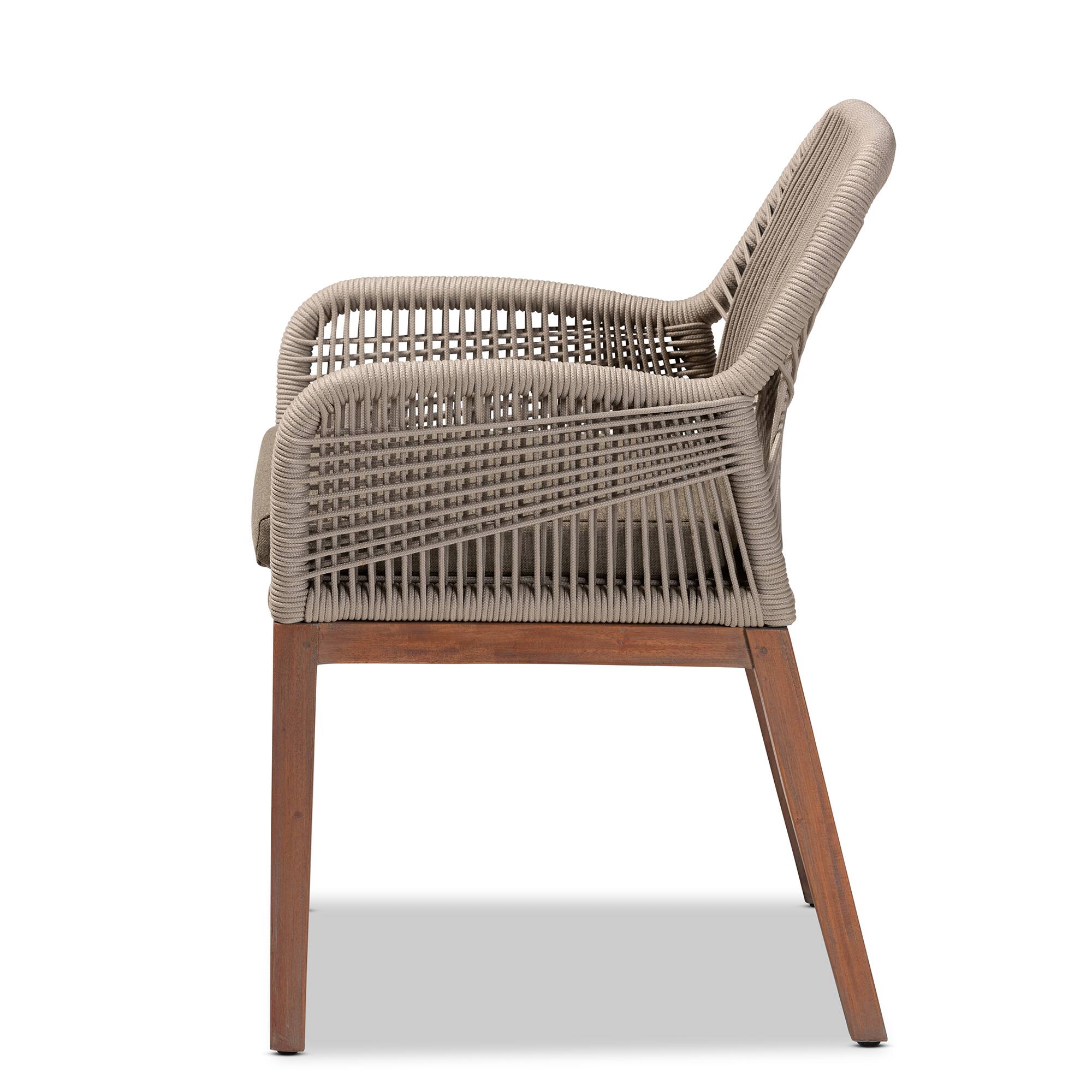 Left. bali & pari - Jennifer Mid-Century Transitional Woven Rope Mahogany Dining Arm Chair - Grey/Walnut Brown.