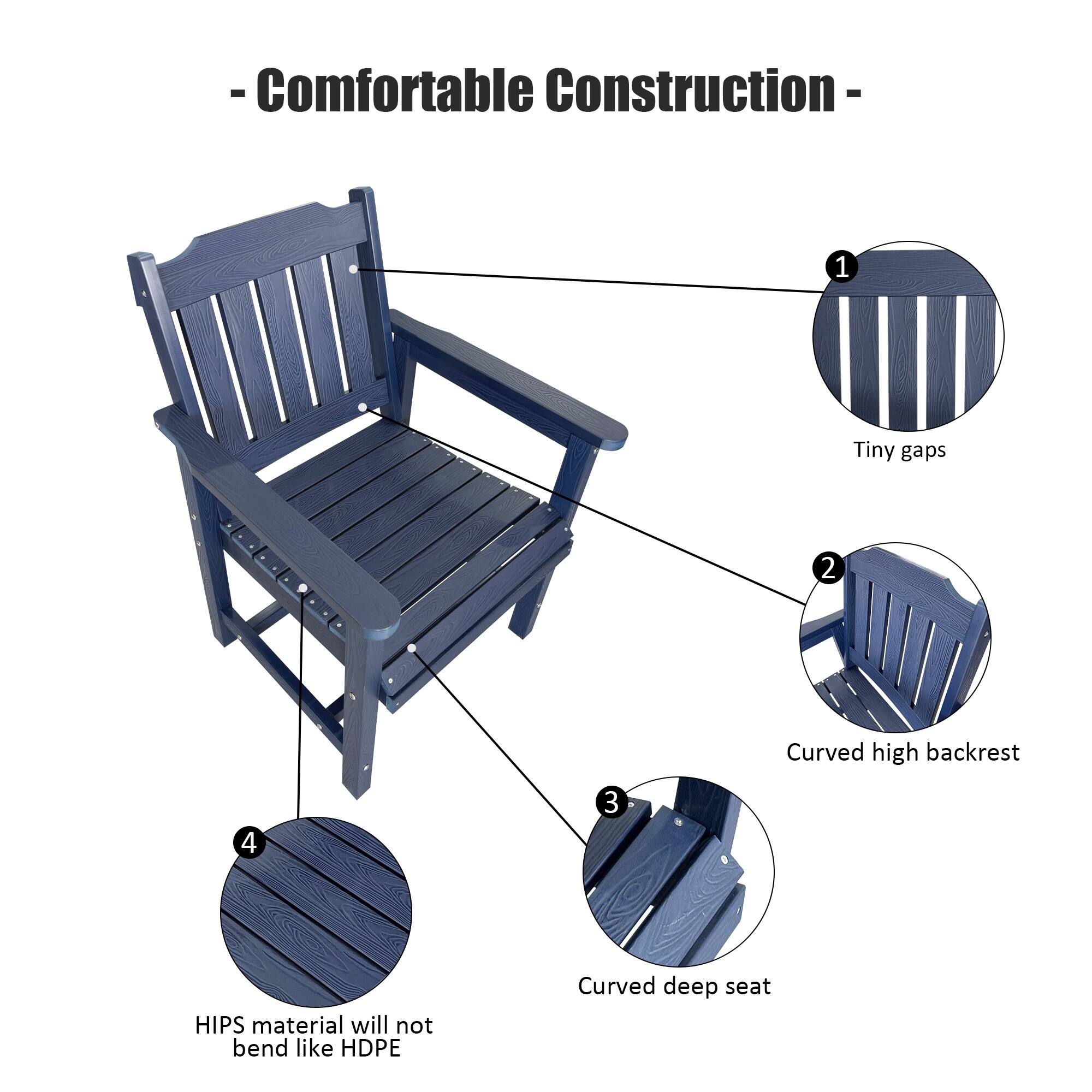 - Comfortable Construction
  1. Tiny gaps
  2. Curved high backrest
  3. Curved deep seat
  4. HIPS material will not bend like HDPE