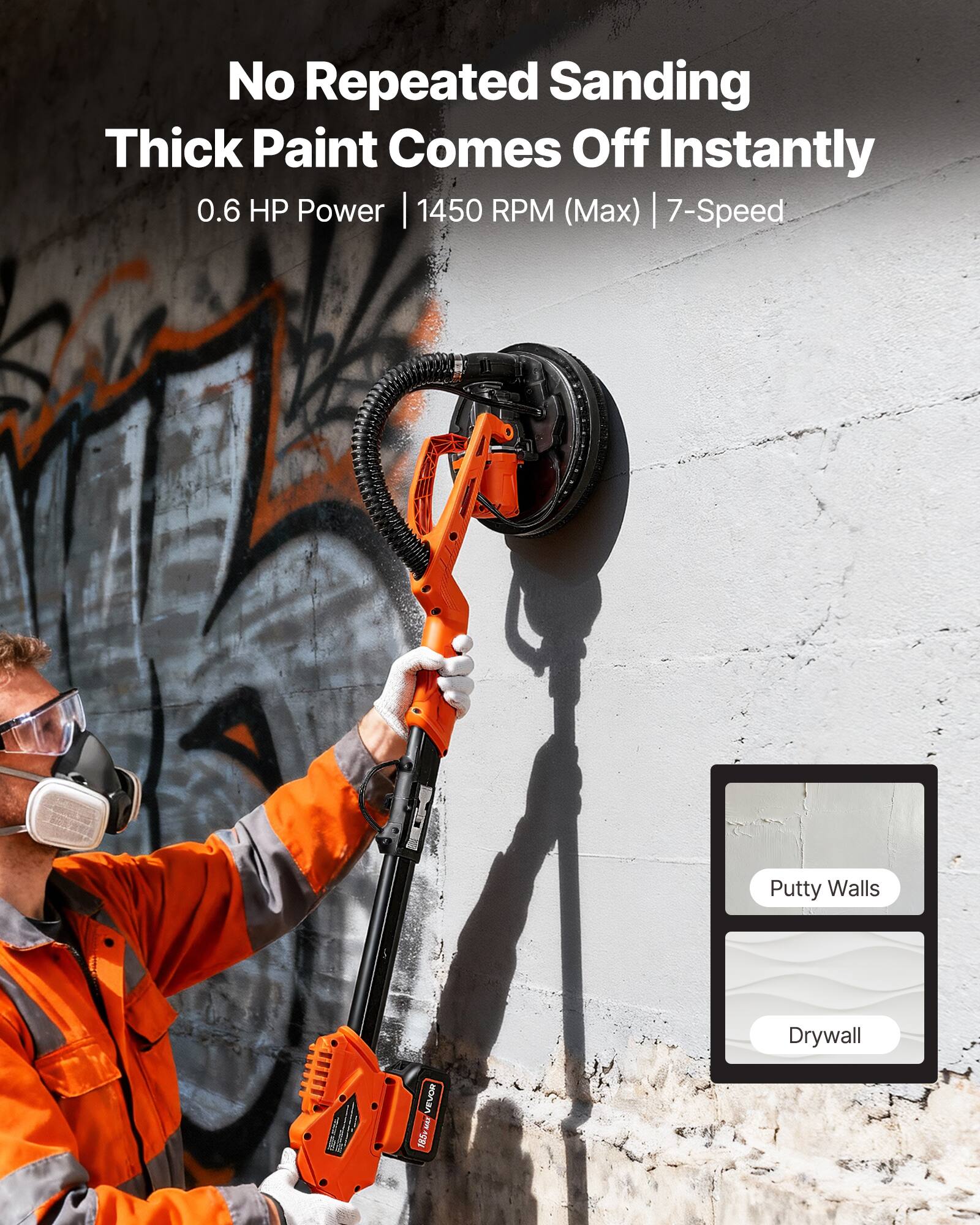 No Repeated Sanding Thick Paint Comes Off Instantly  
0.6 HP Power | 1450 RPM (Max) | 7-Speed  

Putty Walls  
Drywall