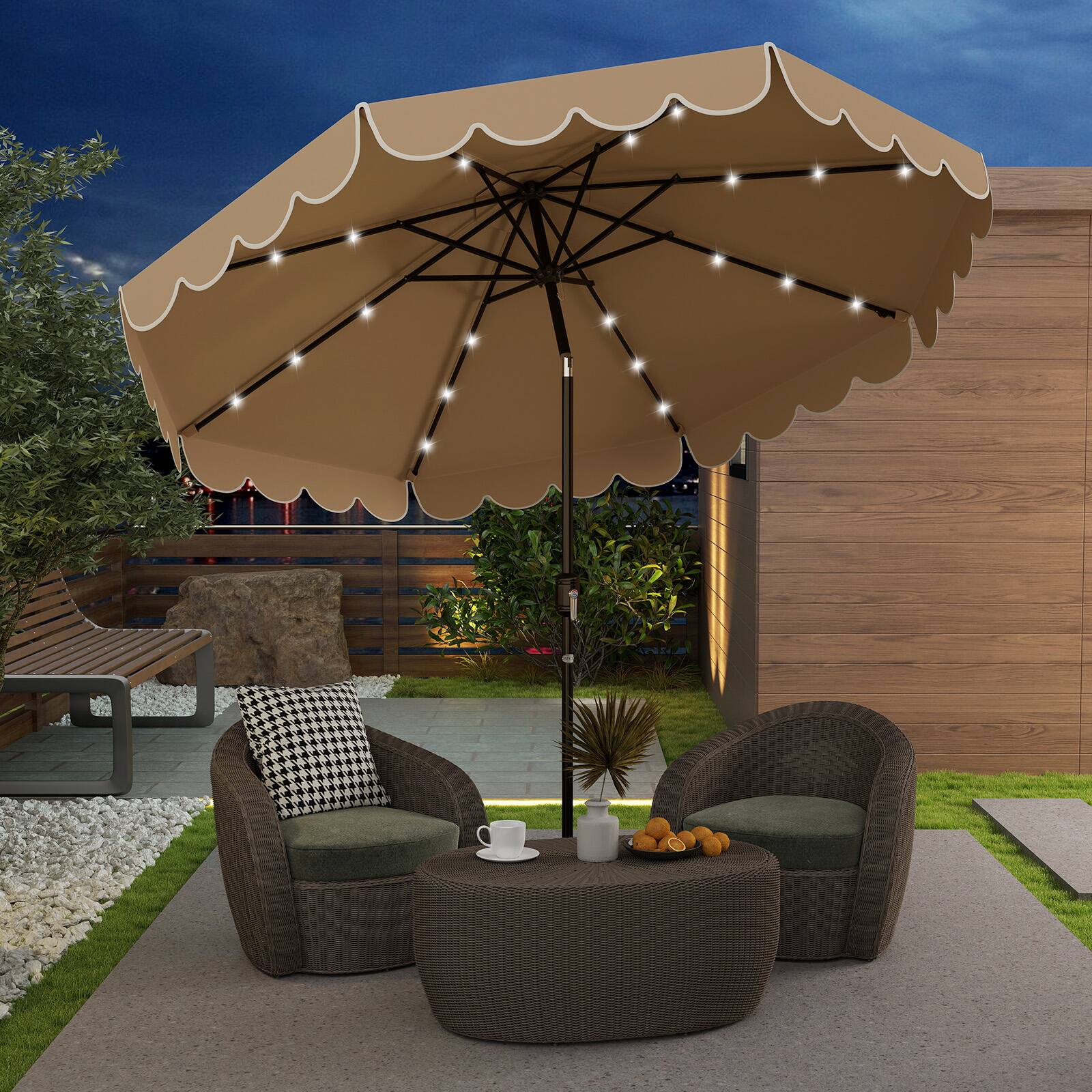 Alt View 3. Gymax - Gymax 9.3 FT Solar Patio Umbrella w/ 32 LED Lights & Vented Top & Ruffles Coffee - Coffee.