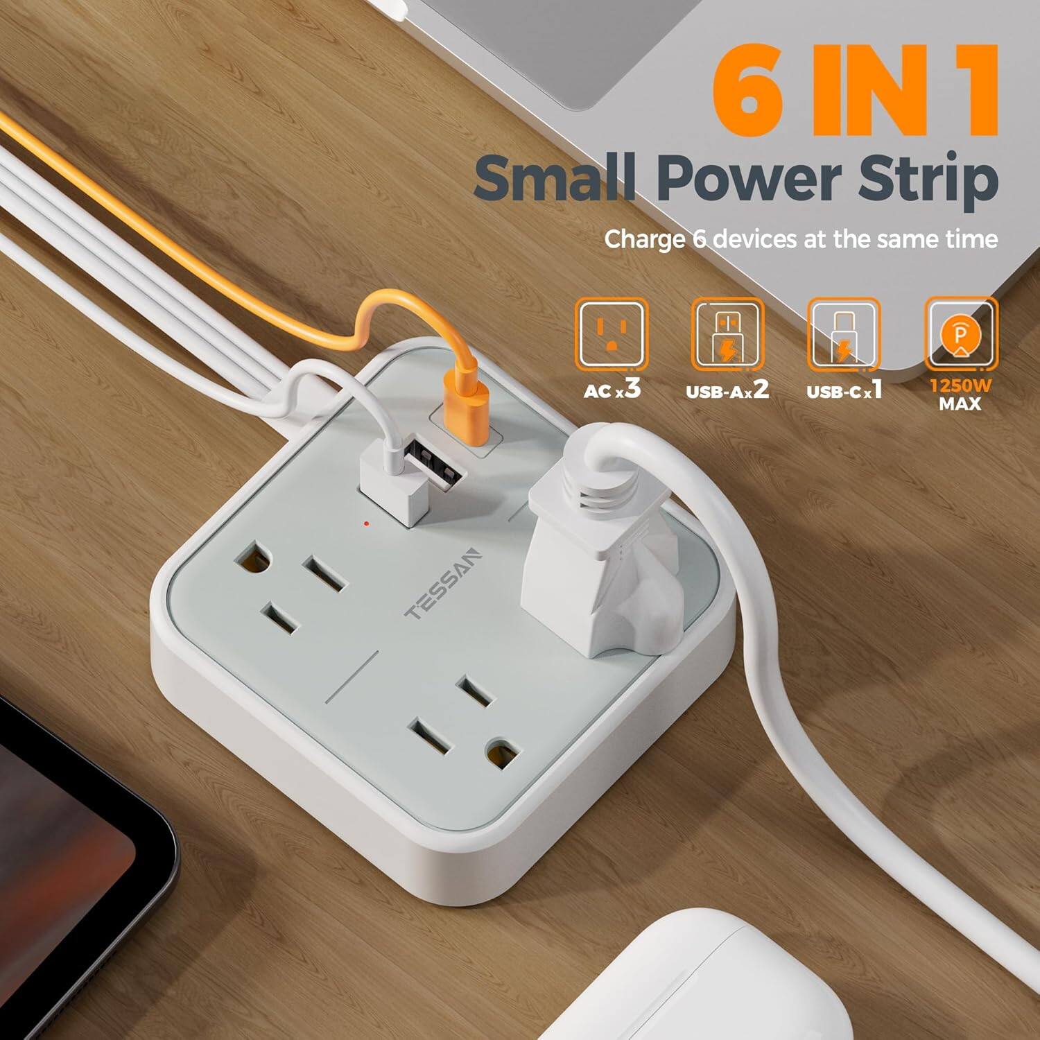 6 IN 1 Small Power Strip  
Charge 6 devices at the same time  
AC x3  
USB-A x2  
USB-C x1  
1250W MAX  
TESSAN