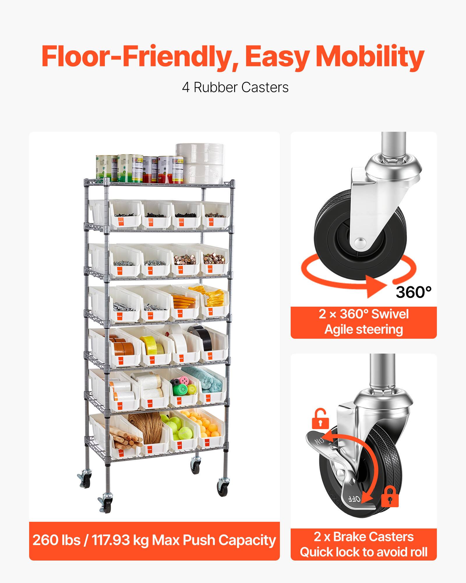 Floor-Friendly, Easy Mobility

4 Rubber Casters

2 x 360° Swivel Agile steering

260 lbs / 117.93 kg Max Push Capacity

2 x Brake Casters Quick lock to avoid roll