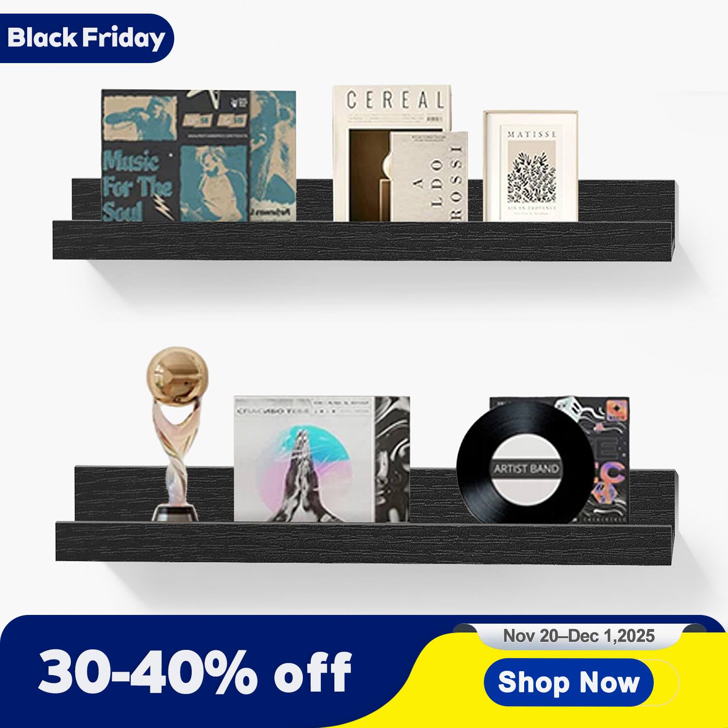 Mifurn - 2 Pack 16 in Floating Picture Ledge Shelves, Wooden Wall Shelf for Books, Photos & Decor Display for Living Room - Black