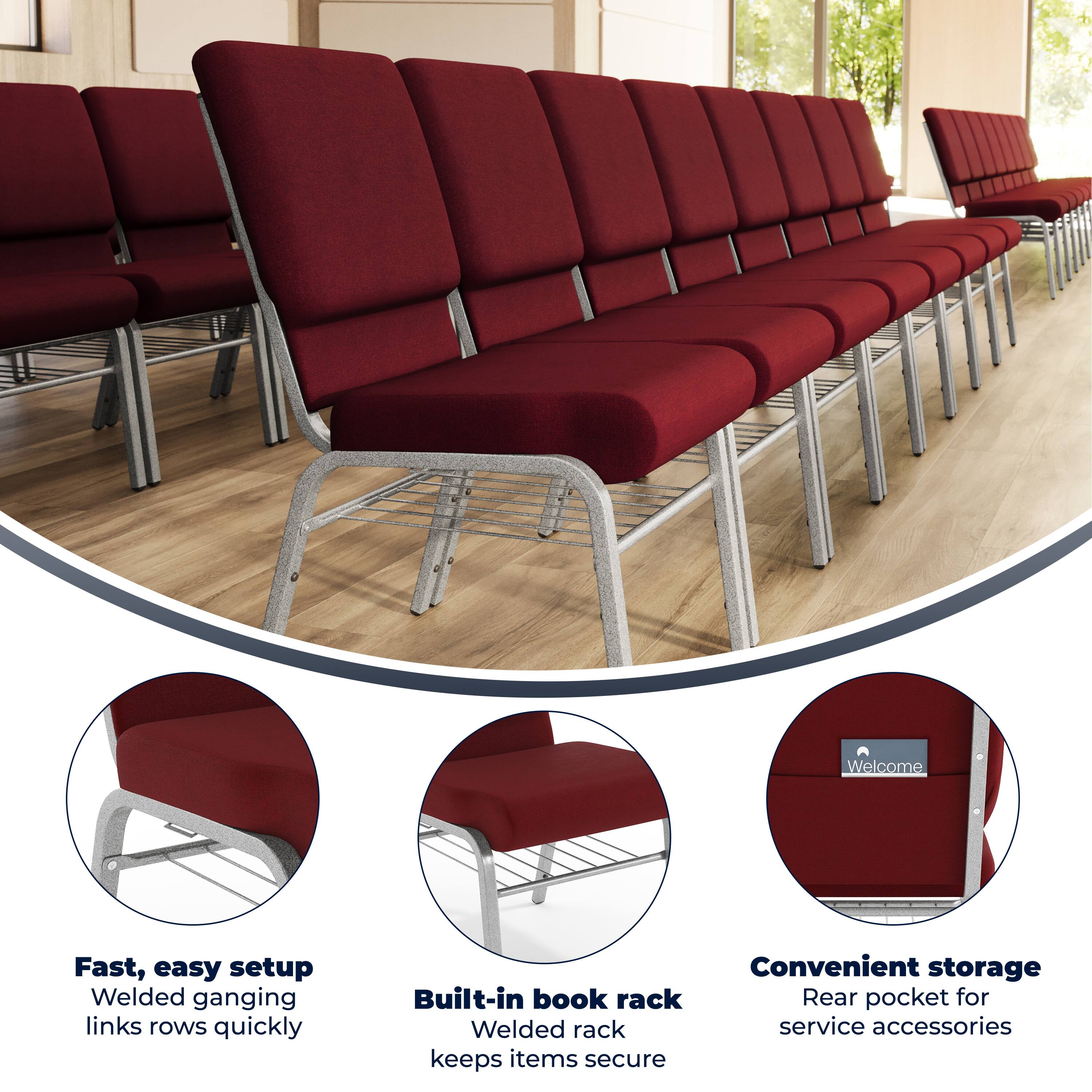 Welcome

Fast, easy setup
Welded ganging links rows quickly

Built-in book rack
Welded rack keeps items secure

Convenient storage
Rear pocket for service accessories