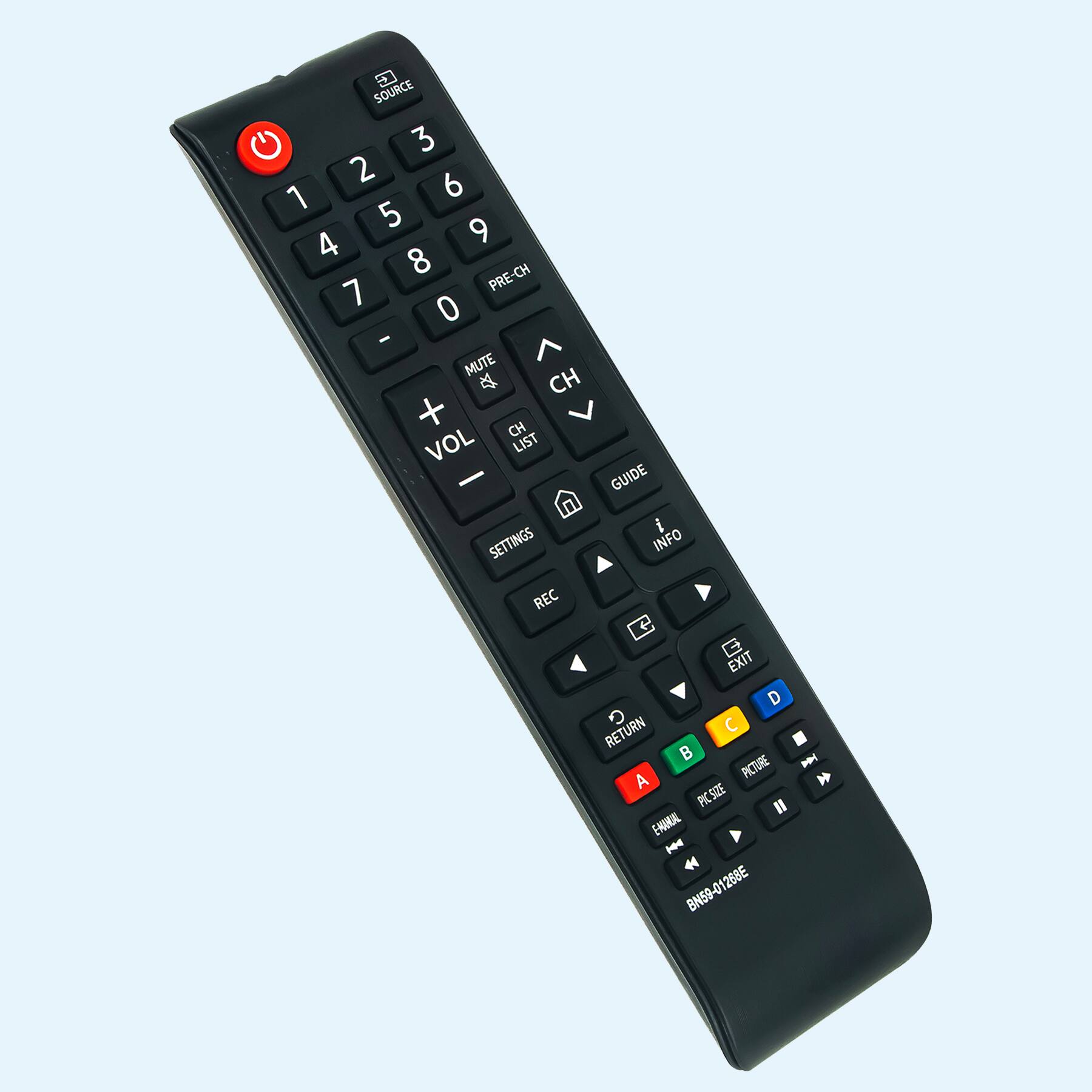 Sure, here is the corrected and grouped text from the image:

- **Top Row:**
  - SOURCE
  - 3
  - 2
  - 1

- **Number Pad:**
  - 6
  - 5
  - 4
  - 9
  - 8
  - 7
  - 0
  - PRE-CH

- **Middle Row:**
  - MUTE
  - VOL
  - CH
  - LIST
  - SETTINGS
  - REC
  - GUIDE
  - INFO
  - EXIT
  - RETURN

- **Bottom Row:**
  - C
  - B
  - PICTURE
  - PIC SIZE
  - EMANAL
  - H

- **Directional Pad:**
  - Up
  - Down
  - Left
  - Right
  - OK

- **Additional Buttons:**
  - A
  - CHANNEL
  - PICSIZE
  - EMANAL
  - H

- **Bottom:**
  - BN59-01280E

- **Other:**
  - HH