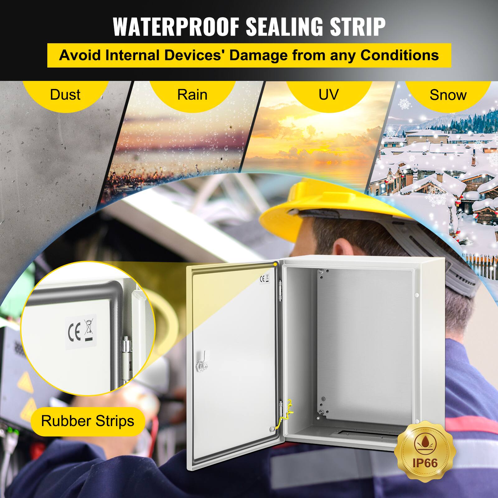 WATERPROOF SEALING STRIP  
Avoid Internal Devices' Damage from any Conditions  
Dust  
Rain  
UV  
Snow  
CE  
Rubber Strips  
IP66