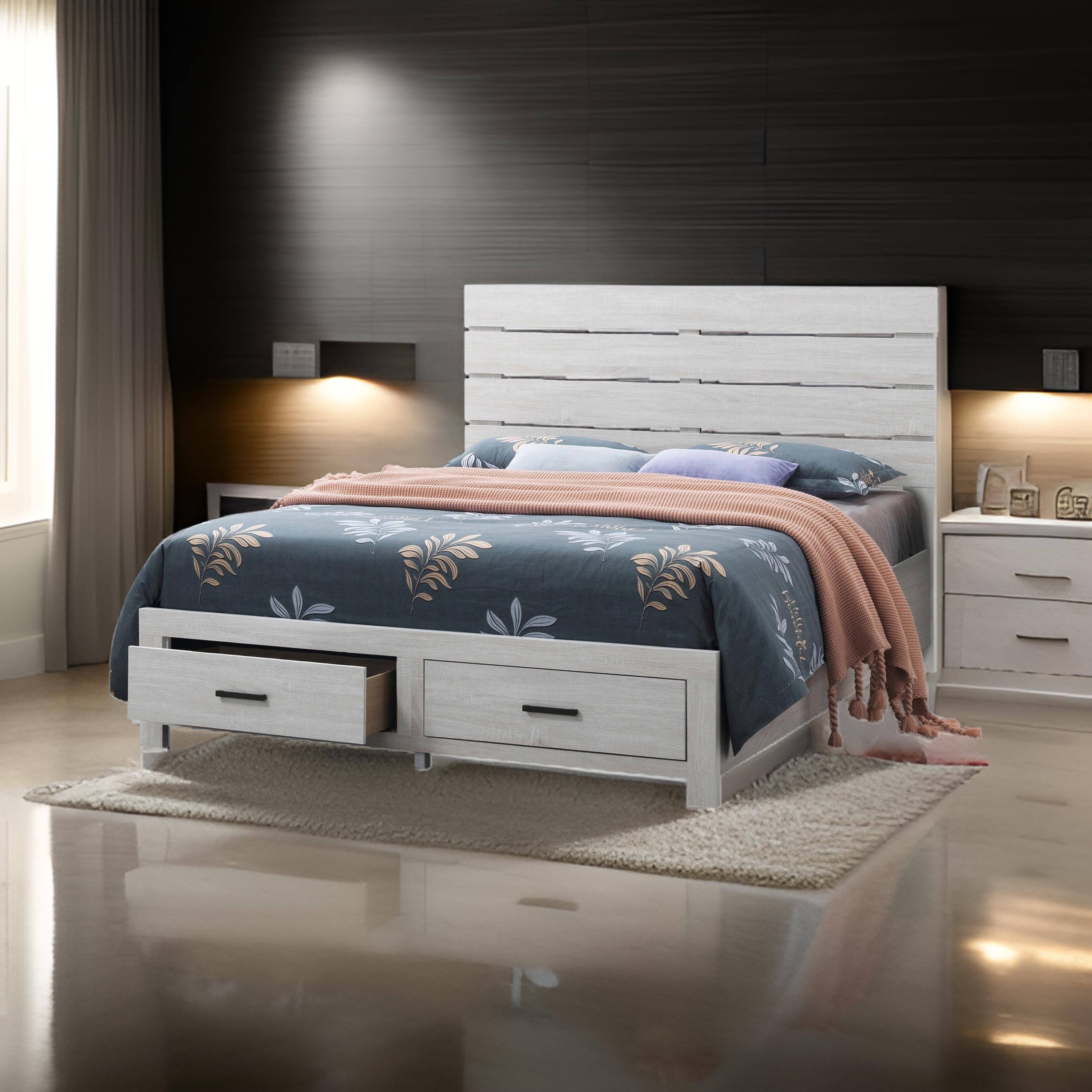 Alt View 5. Manhattan Lane - Ach Wood Queen Storage Bed with 2 Drawers, Plank Style Headboard - White.