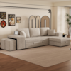 Front. LUCKY ONE - 104.5" L-Shape Reversible Pull-Out Sleeper Sectional Sofa with Storage Chaise & 2 Stools - Cream.
